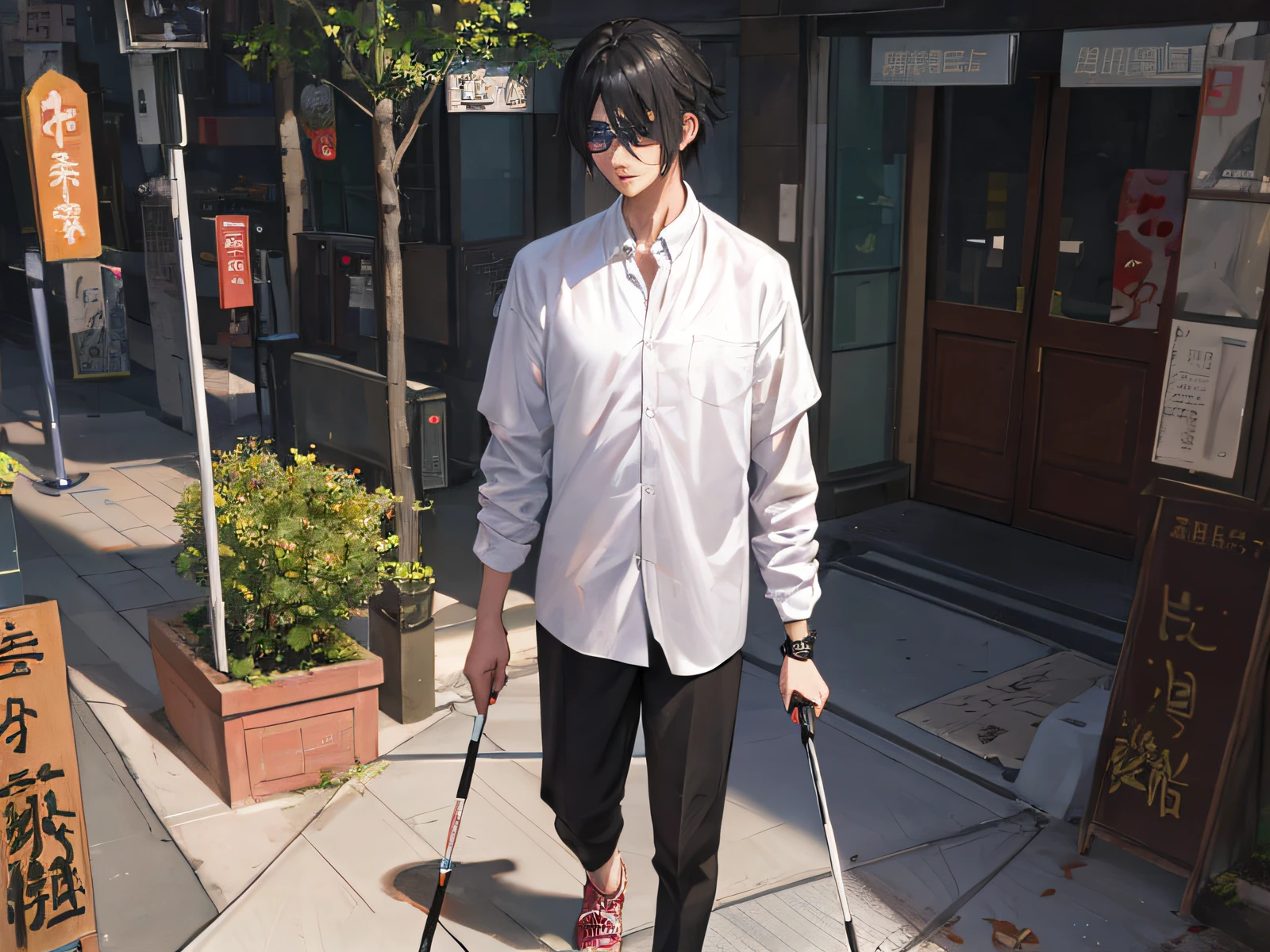 There is a blind man walking down the street on crutches, realistic. Cheng Yi, realistic anime 3D style, Guvez style artwork, surreal anime, young man with cane, inspired by Bian Shoumin, 3D anime realism, cane, Guweiz, Cheng Yanjun, realistic anime, as an anime character