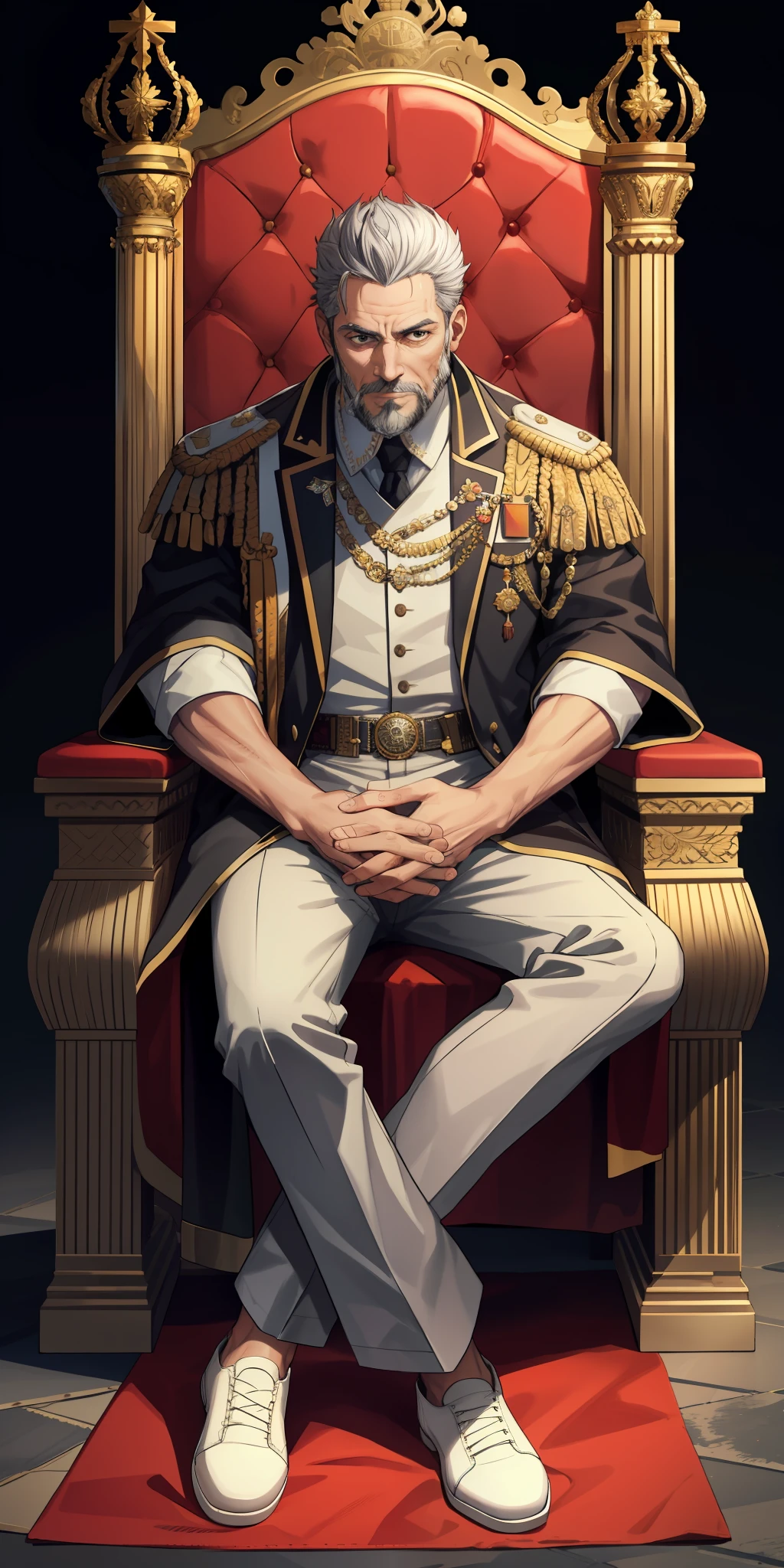 King sits on the throne , 1 man, solo , give accurate facial features, give accurate hands, serious face , firm face , throne , 50 years old king , elder, male, , gentlemen, gray hair, facial hair, male focus, solo, vibrant brown eyes , give accurate legs , give accurate body , give accurate eyes
