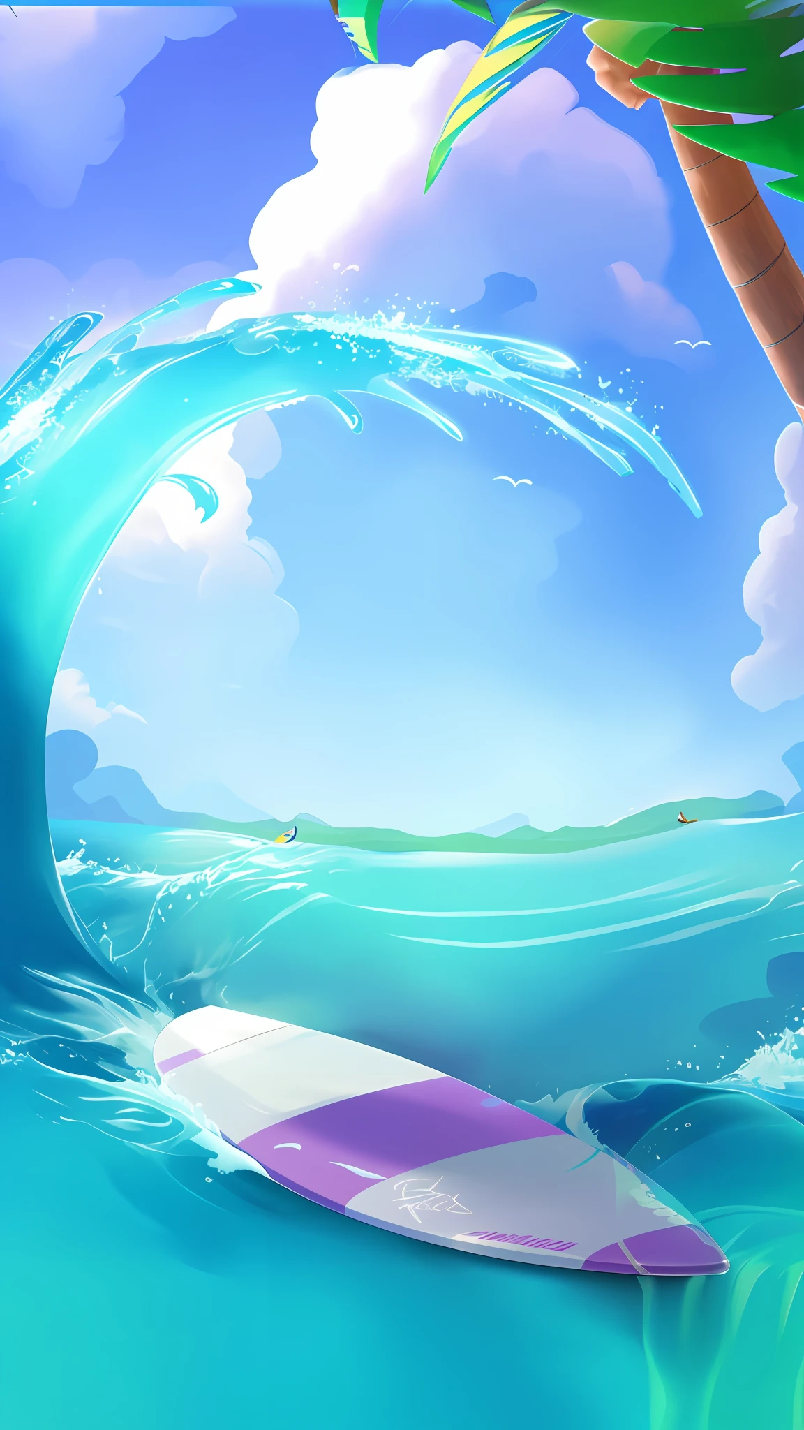 There is a surfboard in the water with a palm tree and blue sky and white clouds in the background, background art, background artwork, breeze background, start screen art, mobile game background, 4K HD illustration wallpaper, Cyril Rolandor style, wild ocean background, inspired by Cyril Rolando, --auto --s2