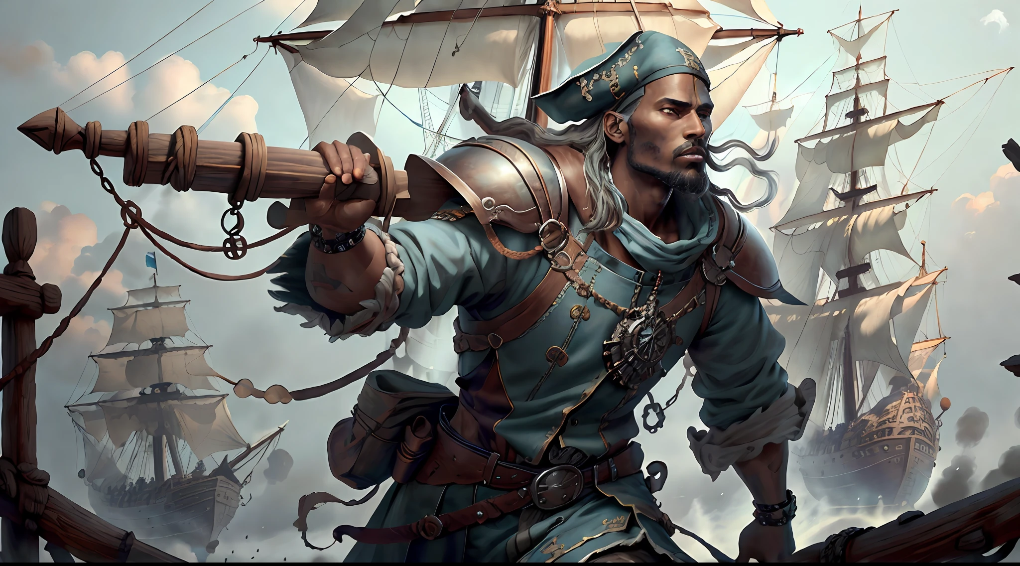 (highly detailed RAW color photo, ridiculous resolution, high resolution, ultra-detailed), ((r 9 6 angles)), dark skin, handsome, fearless and brave expression, mature, thin shoulders, very thin body, black captive dark pirate hat, white dirty braids, vibrant green eyes, (detailed eyes and detailed face), extremely detailed 8k photo, (full body: 0.9), beautiful, overboard, offboard background, detailed face, (Medieval Fantasy Theme: 1.3), Light Blue Pirate Themed Armor with Highly Intricate Details, Blue Pants, Ship in the Background, Inside the Ship, Deck of the Ship, Inspired by Dungeons & Dragons, Digital Artwork, Surreal, Photography, Soft Lighting, Soft Details, Octane, ArtStation Trend, Ultra High Detail, Surreal, Movie, 16k