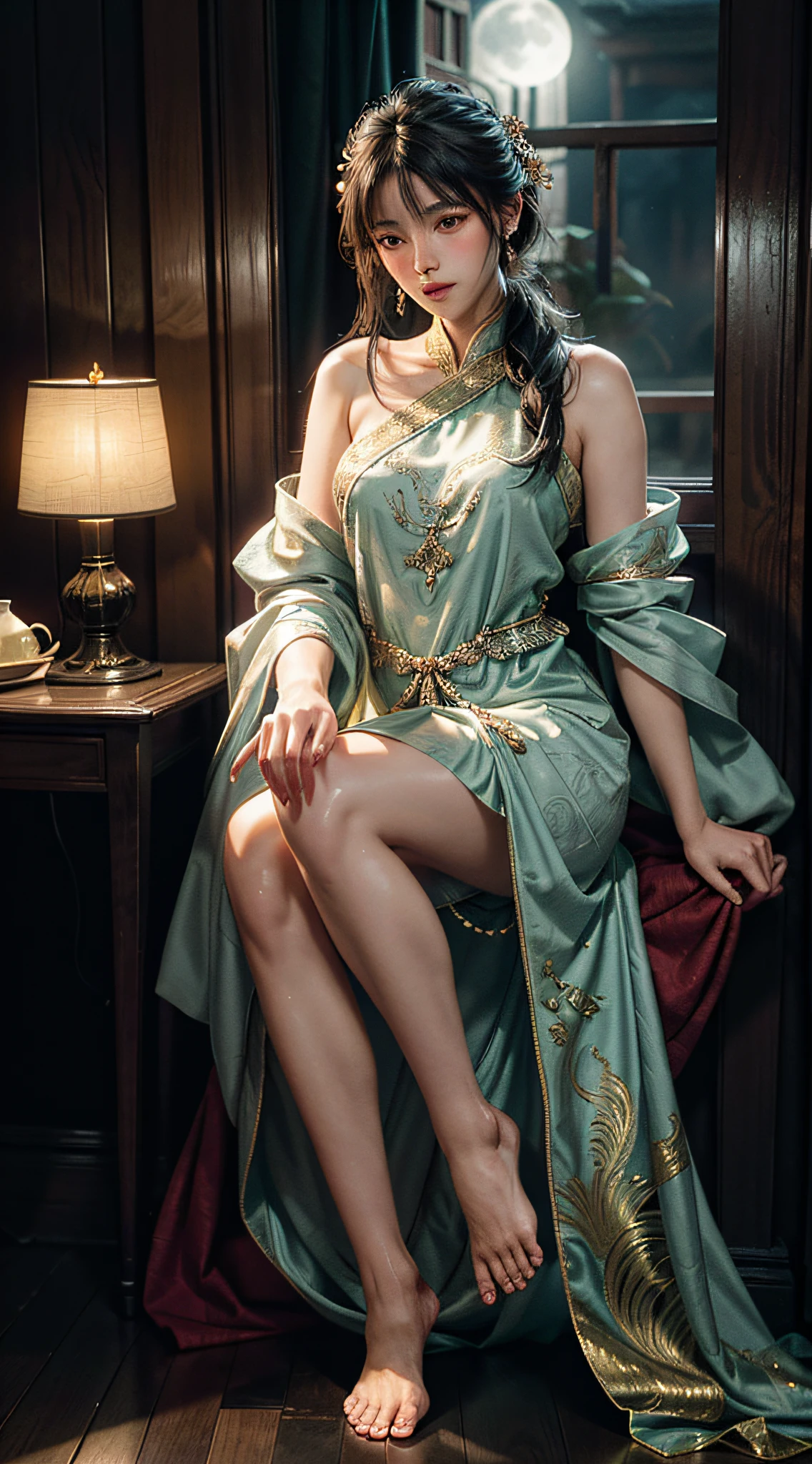 The art depicts a charming woman with delicate facial features, normal hands and feet, dressed in a flowing, silky traditional oriental dress decorated with intricate patterns and bright colors. Her dress drapes elegantly over her curvy figure, accentuating her seductive silhouette. She stood gracefully in the quiet moonlit night, bathed in the soft glow of the moonlight. The scene exudes an ethereal and dreamy atmosphere, with a touch of mystery and sexiness. The graphic style blends watercolor and digital illustration techniques to evoke a refined beauty and charm. The lights are filled with soft moonlight, casting soft highlights and shadows on her charming features. Bare thighs, full body photo