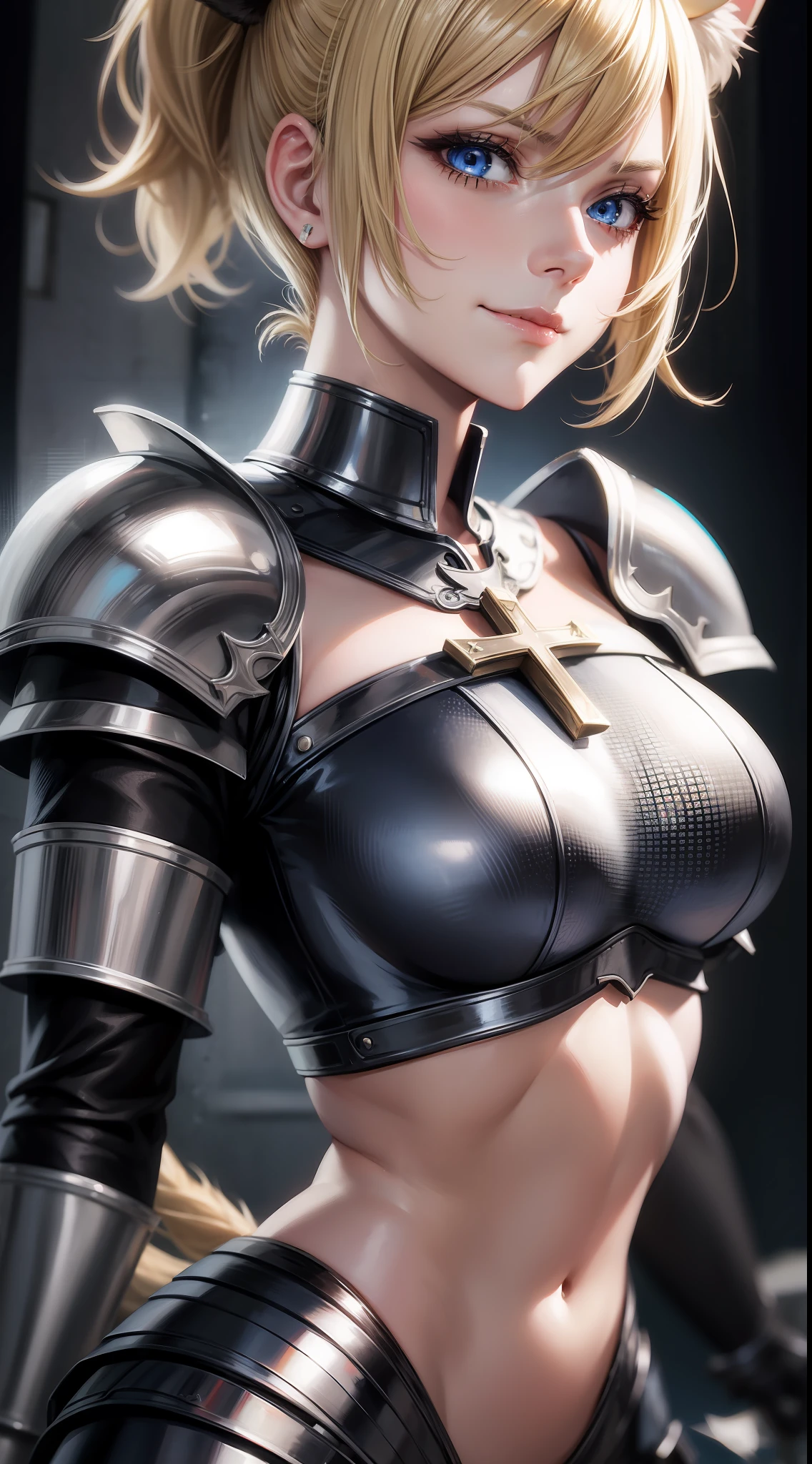 Adult woman, short blonde hair, high ponytail, cat ears, blue eyes, light knightly armor, open belly, smirk, cross sewn to chest, rage, sword, masterpiece, high quality