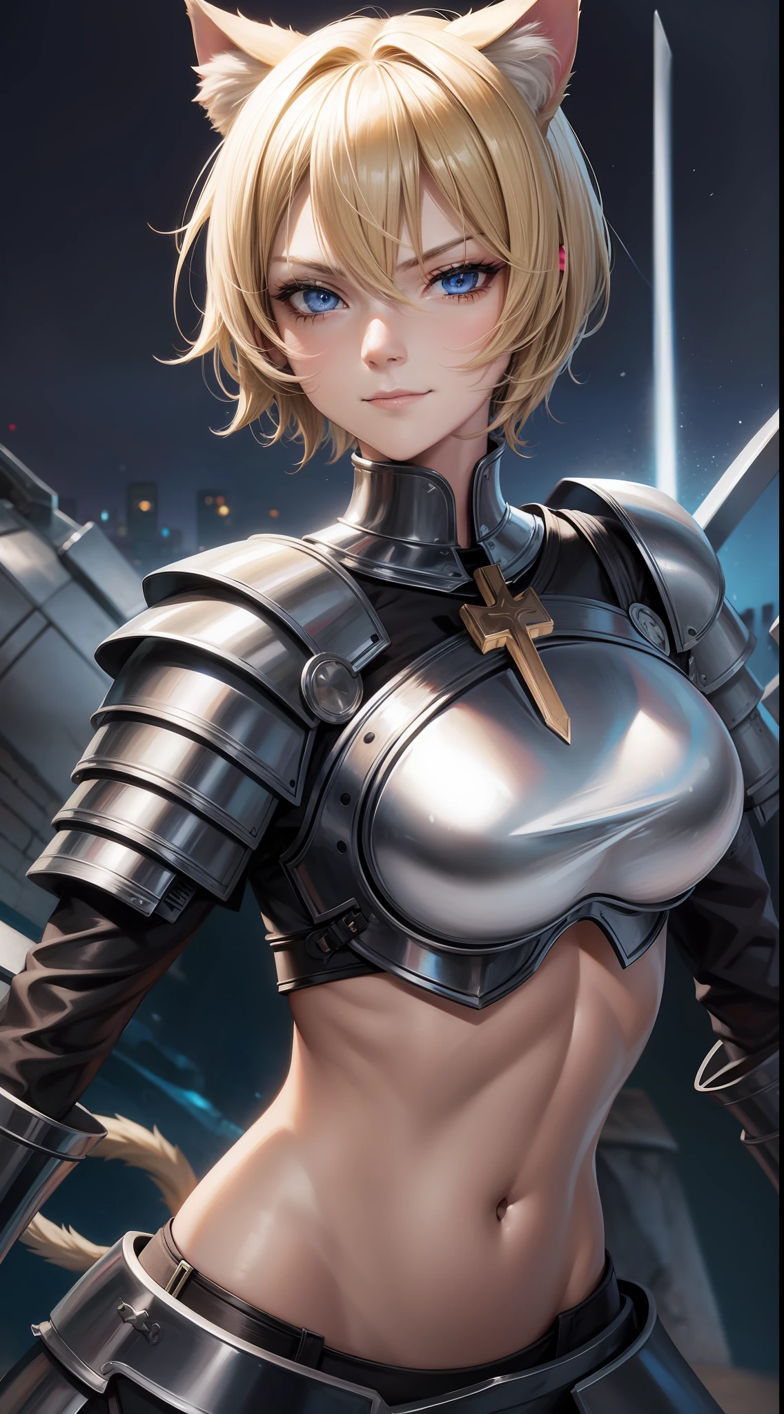 Adult woman, short blonde hair, high ponytail, cat ears, blue eyes, light knightly armor, open belly, smirk, cross sewn to chest, rage, sword, masterpiece, high quality