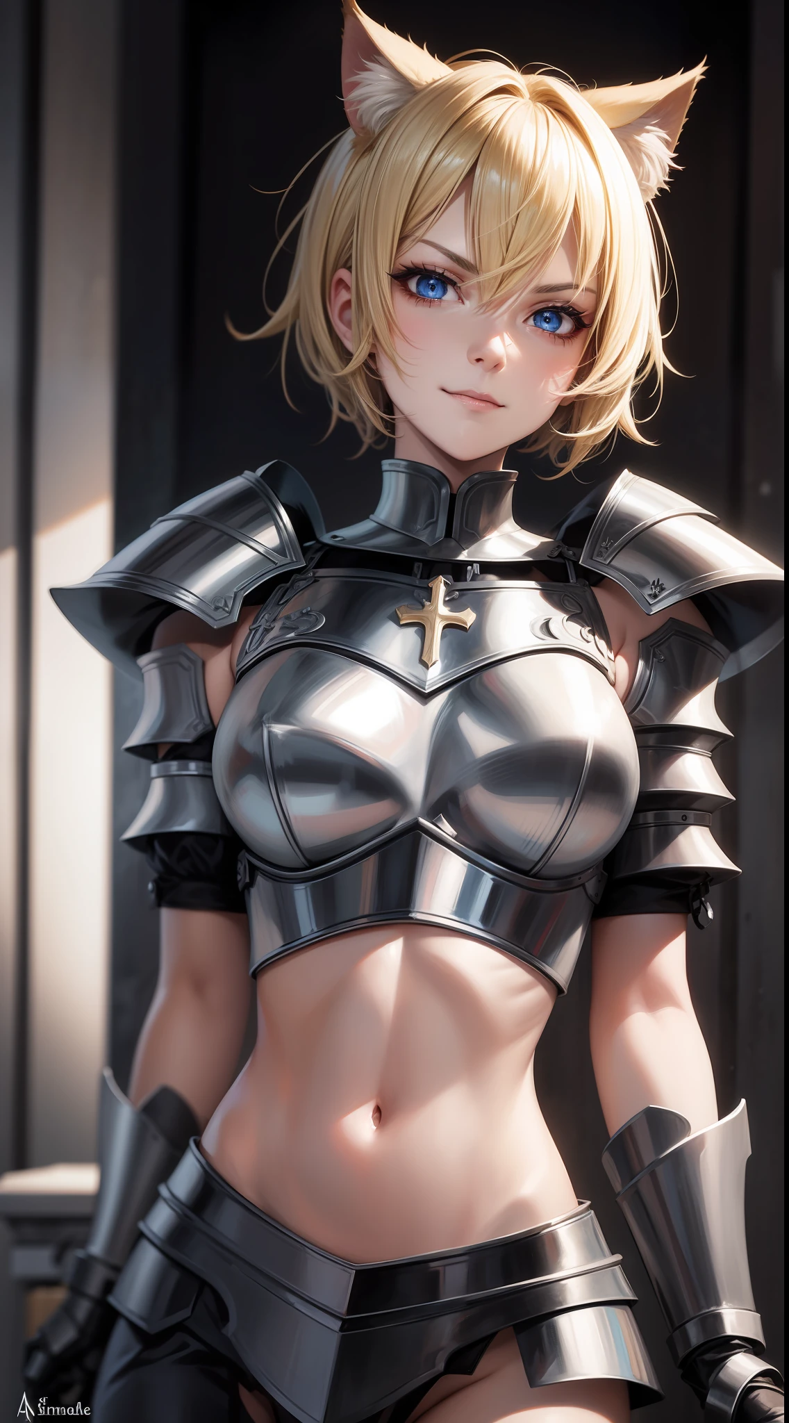 Adult woman, short blonde hair, high ponytail, cat ears, blue eyes, light knightly armor, open belly, smirk, cross sewn to chest, rage, sword, masterpiece, high quality
