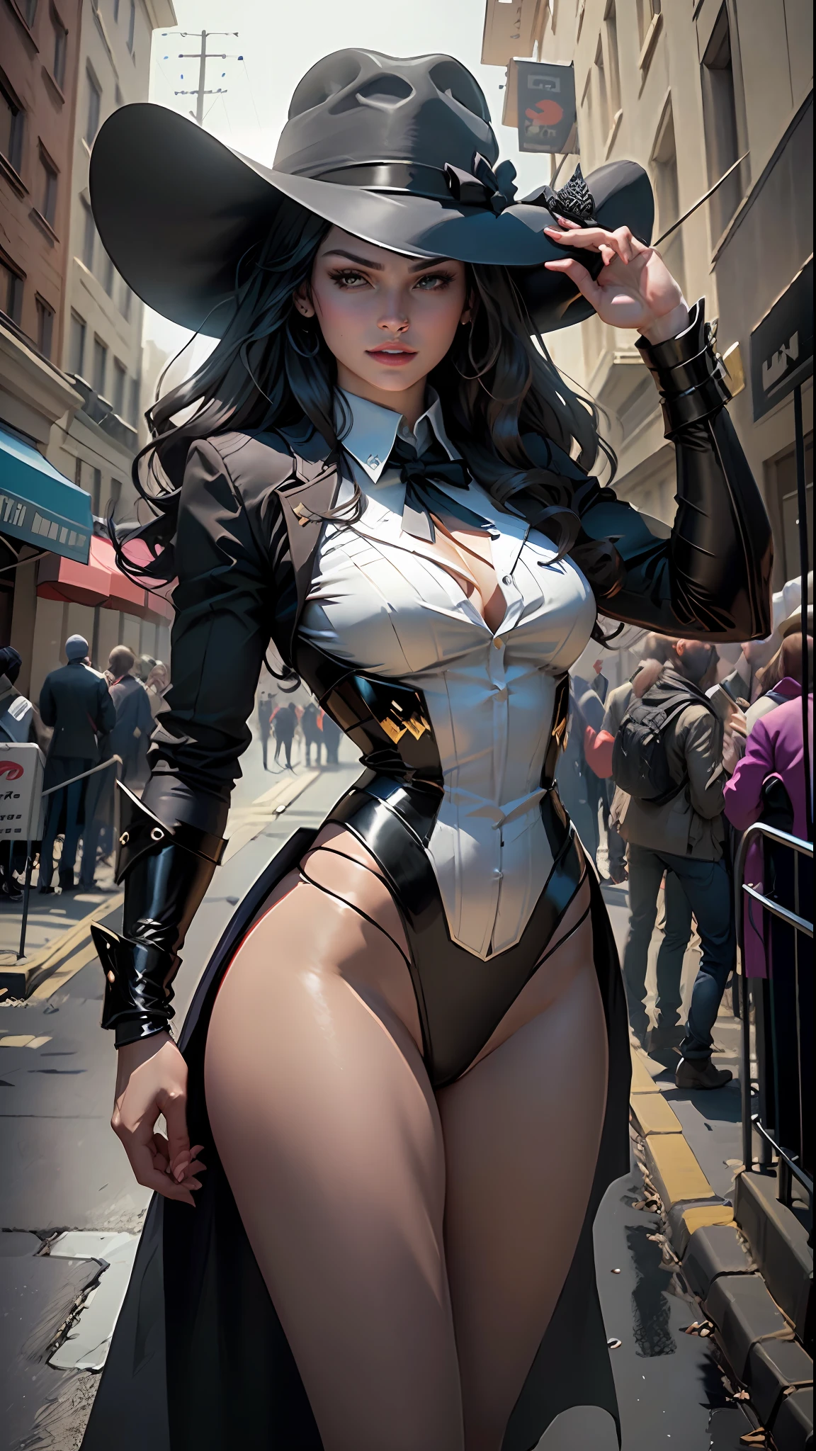 (8k, RAW photo, best quality, masterpiece: 1.2), ultra detailed, official art, photo-realistic: 1.37, upper body shot, DC Zatanna, film grain, action pose wearing hat