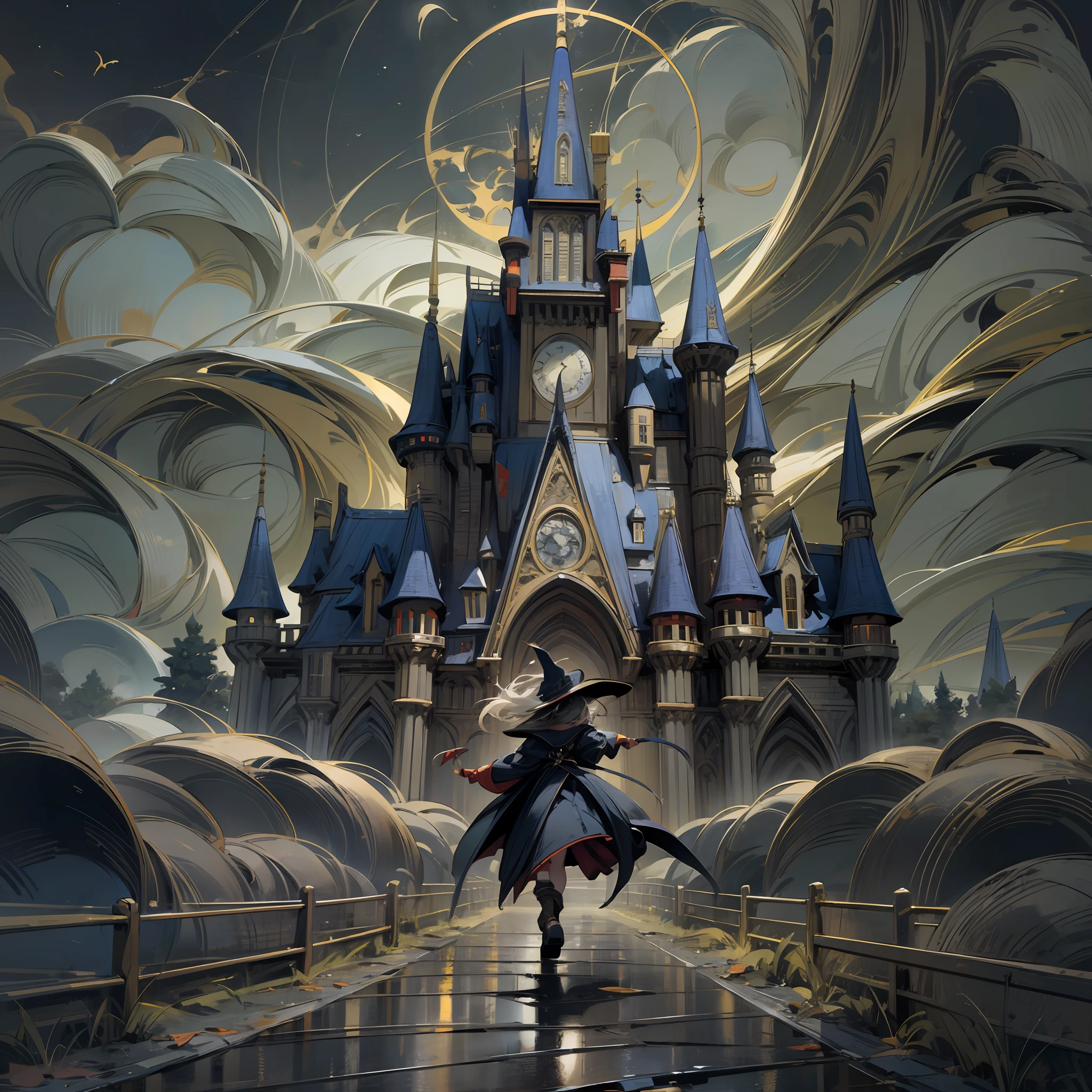 Dramatic lighting, (masterpiece), best quality, super high resolution, werewolves running, witches flying in the sky, vampires hiding in the dark, night, outside the castle, (Möbius painting), David Lynch image style, golden ratio, detail aesthetics, octane rendering excellent composition, natural texture, 8k oil painting masterpiece Canon EOS R4s 50, 4K 8K UHD copyright