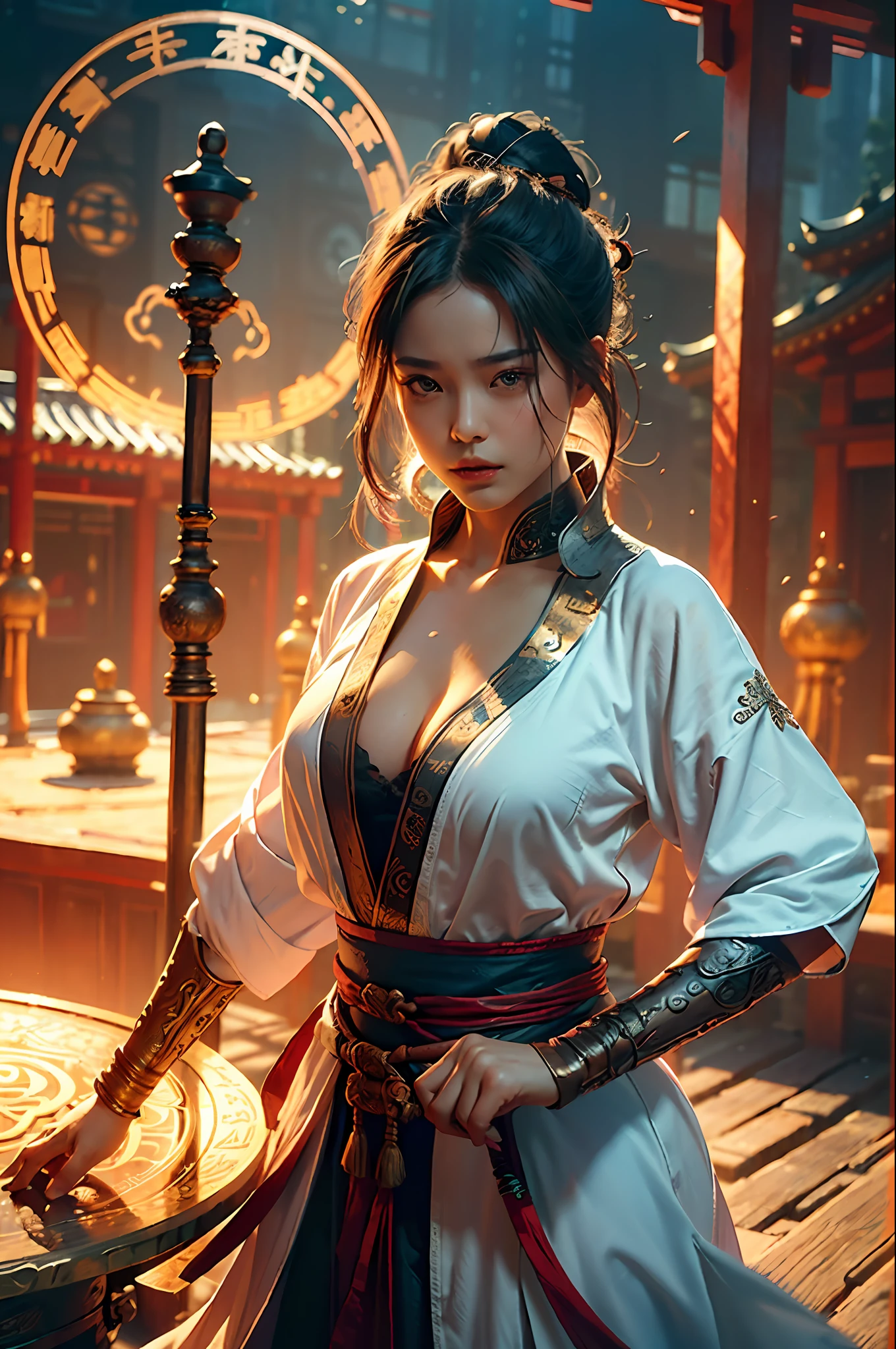 Best quality,masterpiece,ultra high res,(photorealistic:1.4),xiuxian,weapon,Detailed face,
1girl,solo,weapon,cleavage,(magic circle:1.2),xiuxian,upper body,Beautiful girl,full body,east asian architecture,sheath,architecture,