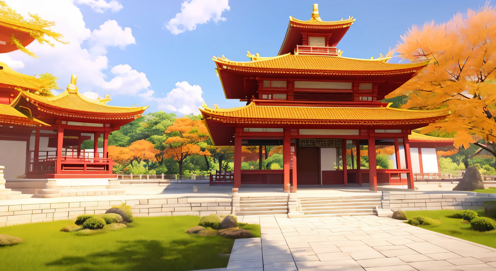 There is a picture of a small Asian building in the park, digital painting of the pagoda, inspired by Yang Buzhi, temple background, avatar landscape, legend set by Kora, rendered in Unity 3 D, Zen temple background, 3D virtual landscape painting, rendered in the full universe by NVIDIA, inspired by Josetsu, inspired by Huang Ding. Anime style