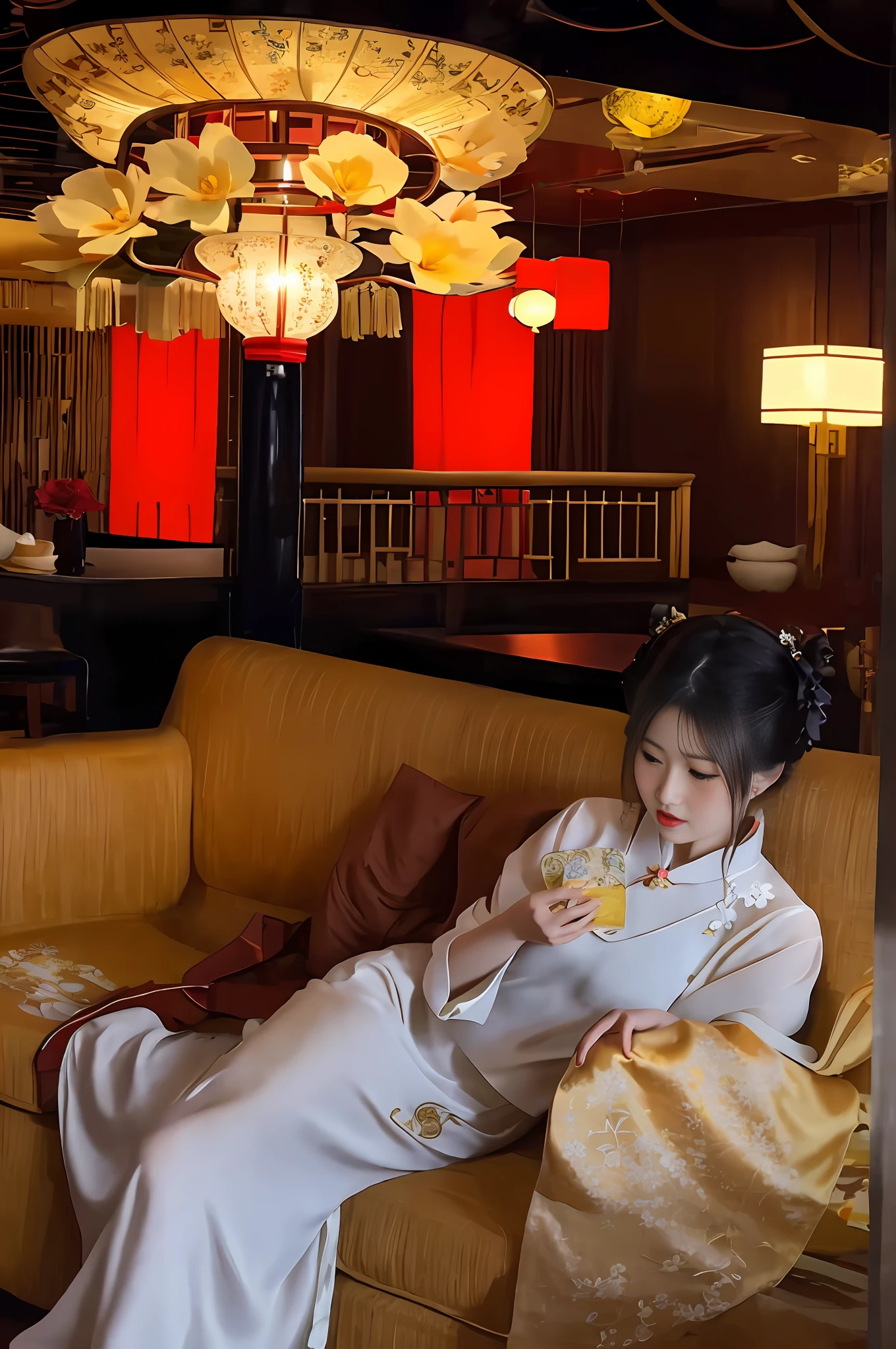 Best quality, extremely detailed Emblem-style woman in white dress, holding a sachet, sitting on an elegant sofa. Yellow flower Hanfu, Gu An inspiration, antique and antique. The image of a girl in Hanfu, inspired by Cui Bai, beautiful and elegant in style.