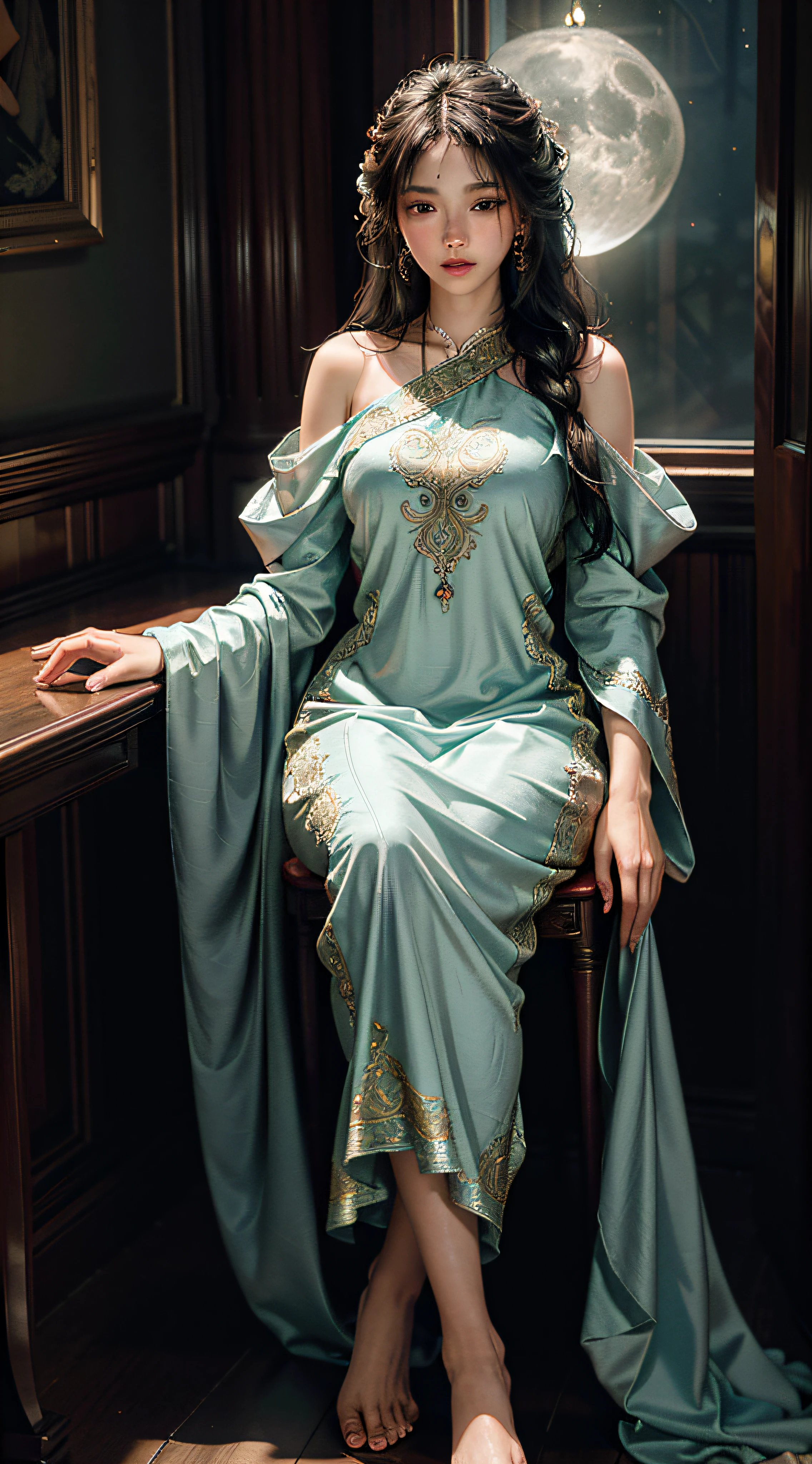 The art depicts a charming woman with delicate facial features, normal hands and feet, dressed in a flowing, silky traditional oriental dress decorated with intricate patterns and bright colors. Her dress drapes elegantly over her curvy figure, accentuating her seductive silhouette. She stood gracefully in the quiet moonlit night, bathed in the soft glow of the moonlight. The scene exudes an ethereal and dreamy atmosphere, with a touch of mystery and sexiness. The graphic style blends watercolor and digital illustration techniques to evoke a refined beauty and charm. The lights are filled with soft moonlight, casting soft highlights and shadows on her charming features. Bare thighs, full body photo