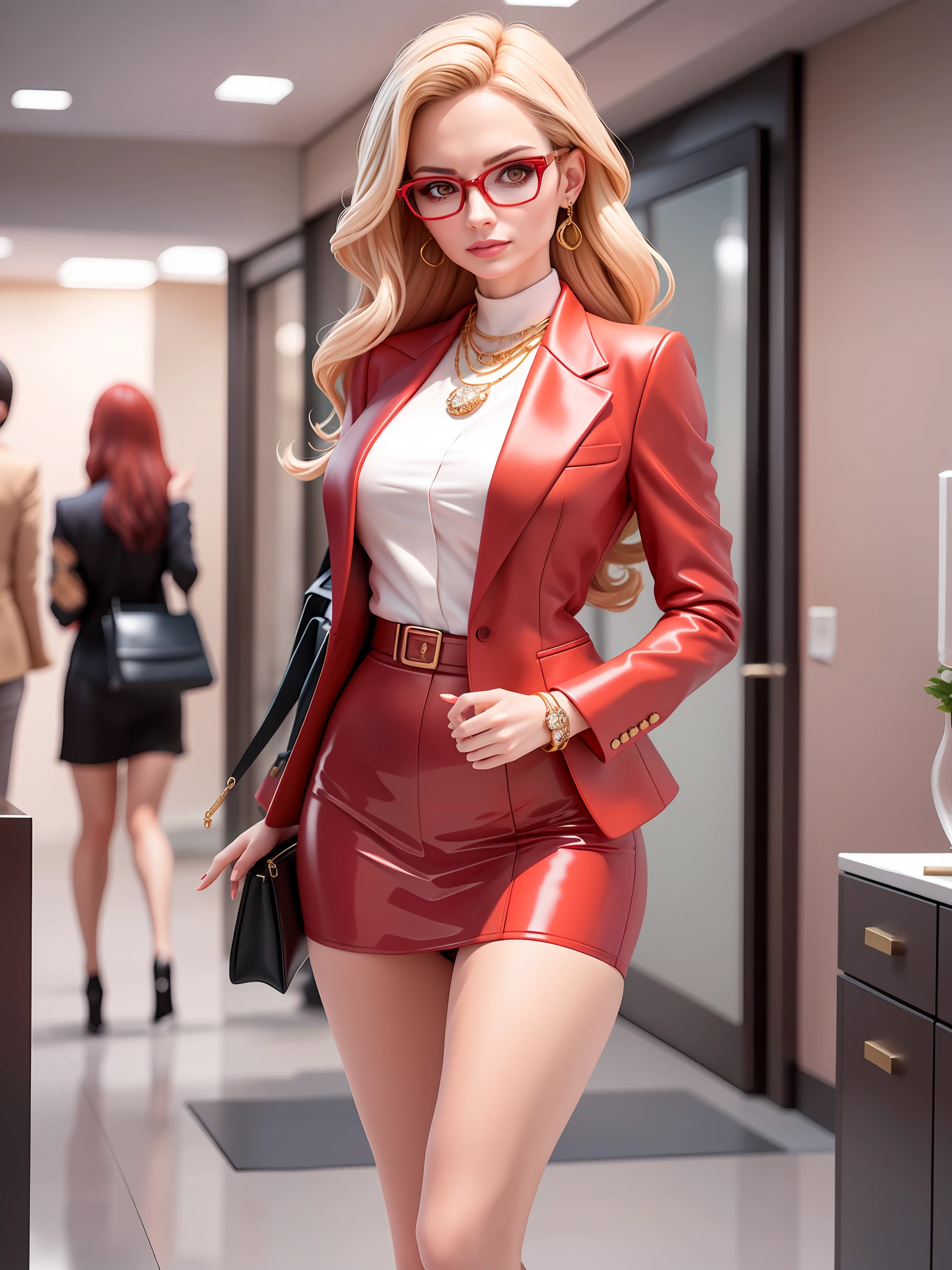 modern girl, sexy, general manager, beautiful, rich, successful, wearing office glasses, luxury, noble, wearing many jewelry, european style, modern girl, sexy, general manager, beautiful, rich, successful, wearing office glasses, luxury, noble, wearing many jewelry, european style, red jackets with luxurious textures like the world's leading fashion brands