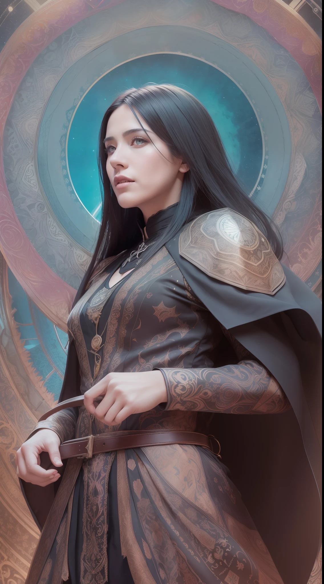 Digital Work:1.3) by (marijameglaj:1.1), Vampire gothic man, long black hair in the wind, detailed eyes, smile showing canine teeth, full body, gothic armor, cape, daggers, castle, nikon d850, film, stock photography, 4 cameras kodak portra 400, lens f1.6, rich colors, hyper-realistic, realistic texture, dramatic lighting, unreal mechanism, trend in artstation, cinestill 800, (mandala background, distorted background, Zentangle Fund, Inception Fund)