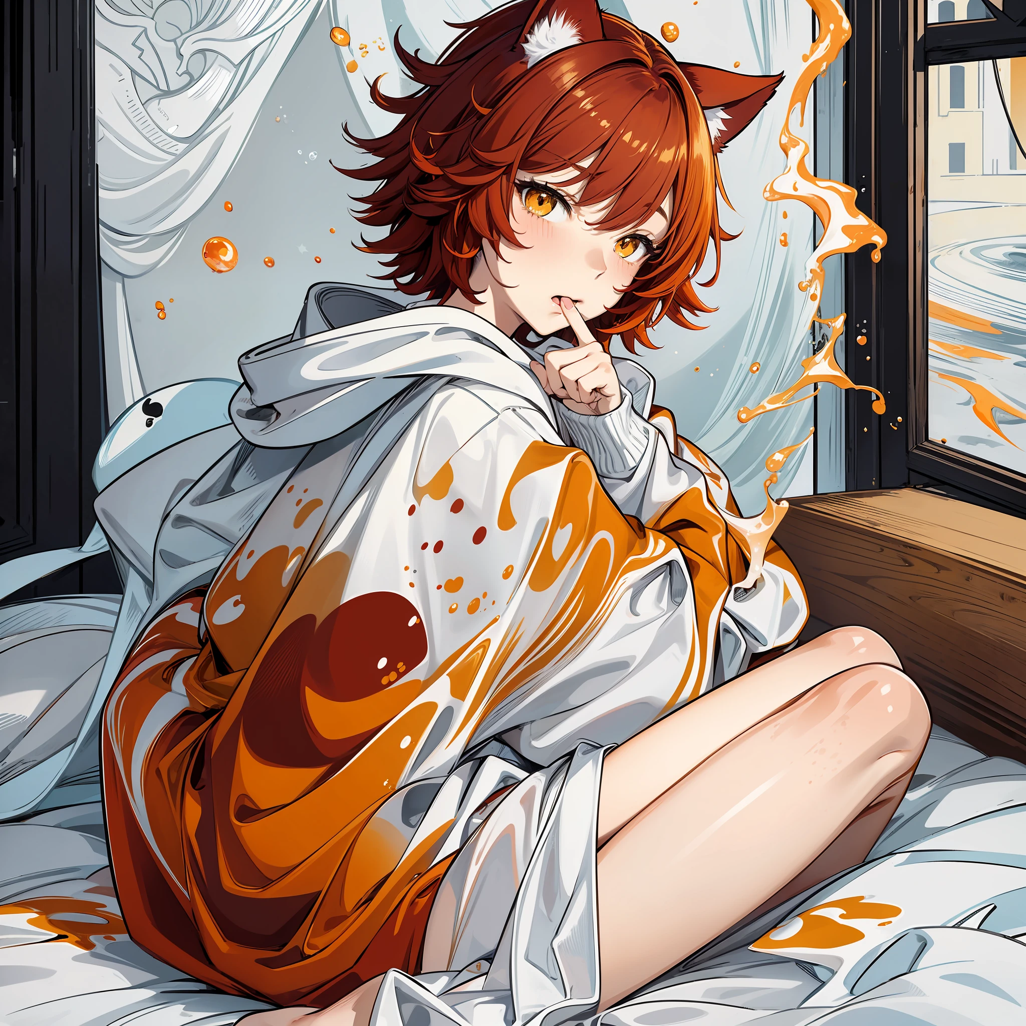 Boy, ager, short red hair, cat ears, orange-yellow eyes, pale white sweatshirt, gradient sheets, gentle expression, slightly crimson cheeks, spit out a little tongue, some white unknown liquid on the body