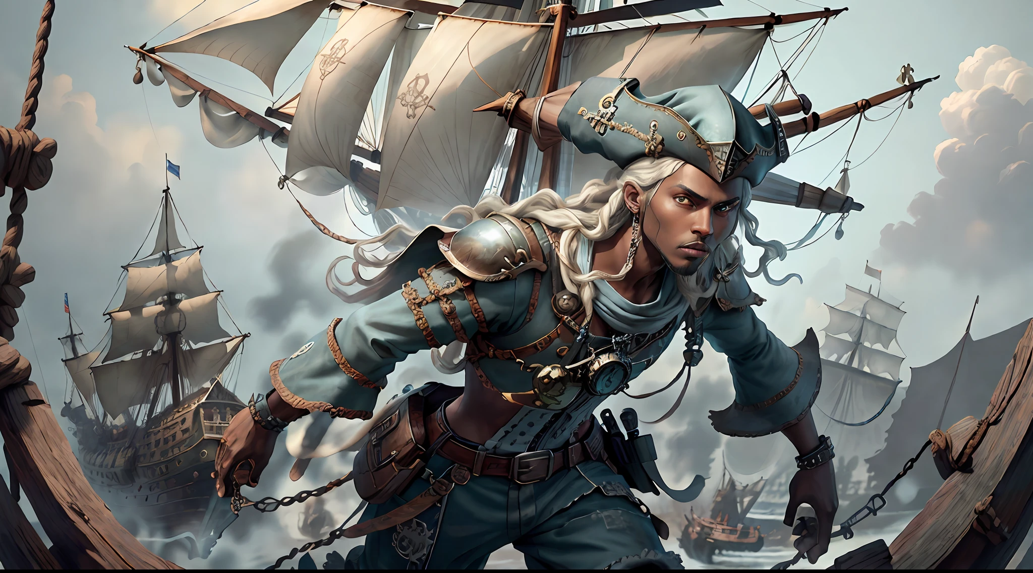 (highly detailed RAW color photo, ridiculous resolution, high resolution, super detailed), ((r 9 6 angles)), dark skin, handsome, fearless and brave expression, mature, thin shoulders, very thin body, black captive dark pirate hat, white dirty braids, vibrant green eyes, (detailed eyes and detailed face), extremely detailed 8k photo, (full body: 0.9), beautiful woman, overboard, outboard background, detailed face, (Medieval Fantasy Theme: 1.3), Light Blue Pirate Themed Armor with Highly Intricate Details, Blue Pants, Ship in the Background, Inside the Ship, Deck of the Ship, Inspired by Dungeons & Dragons, Digital Artwork, Surreal, Photography, Soft Lighting, Soft Details, Octane, ArtStation Trend, Ultra High Detail, Surreal, Movie, 16k