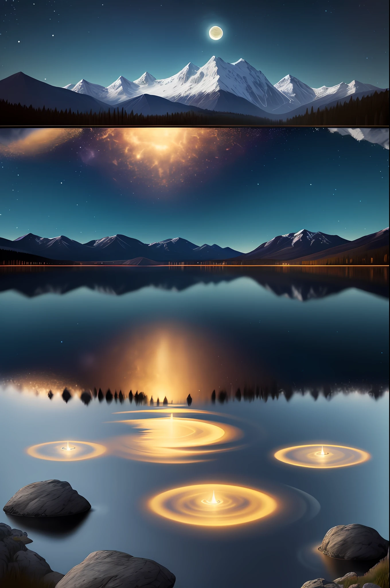 Very starry night. A giant moon behind the mountains. A tranquil lake reflecting the night. Realistic scene, detailed, photorealism, 8k
