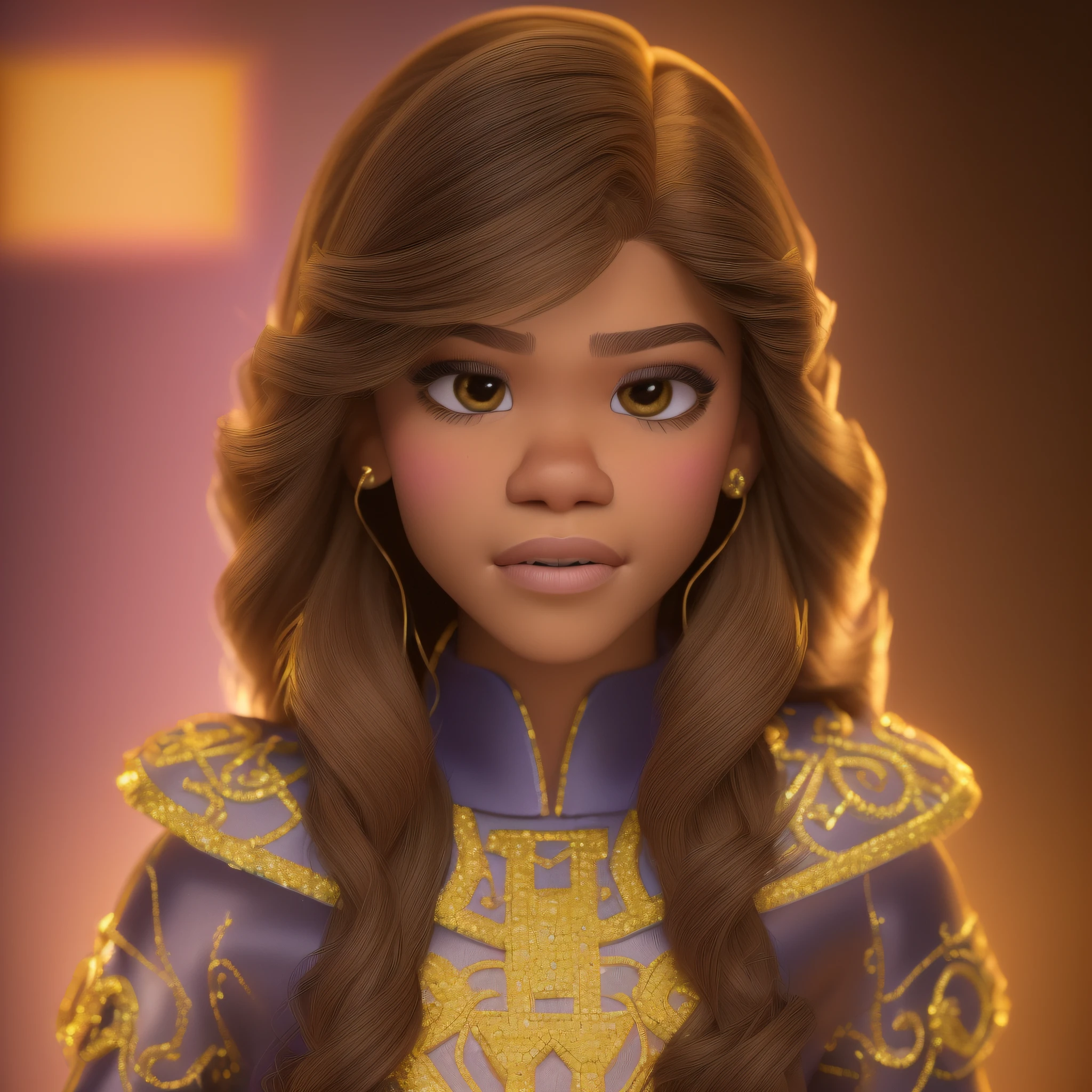 (Zendaya:+1.4 and princesa, brown hair, dilated pupils, super detail, Pixar:1.2, Social realism:1.2),(backlighting+high contrast:1.7), ultra-detailed and anatomically correct 4K, 16k wallpaper, textured skin, (+textured hair:0.9), best quality, accurate representation of light and shadow, (+textured and intricate background elements:0.8)