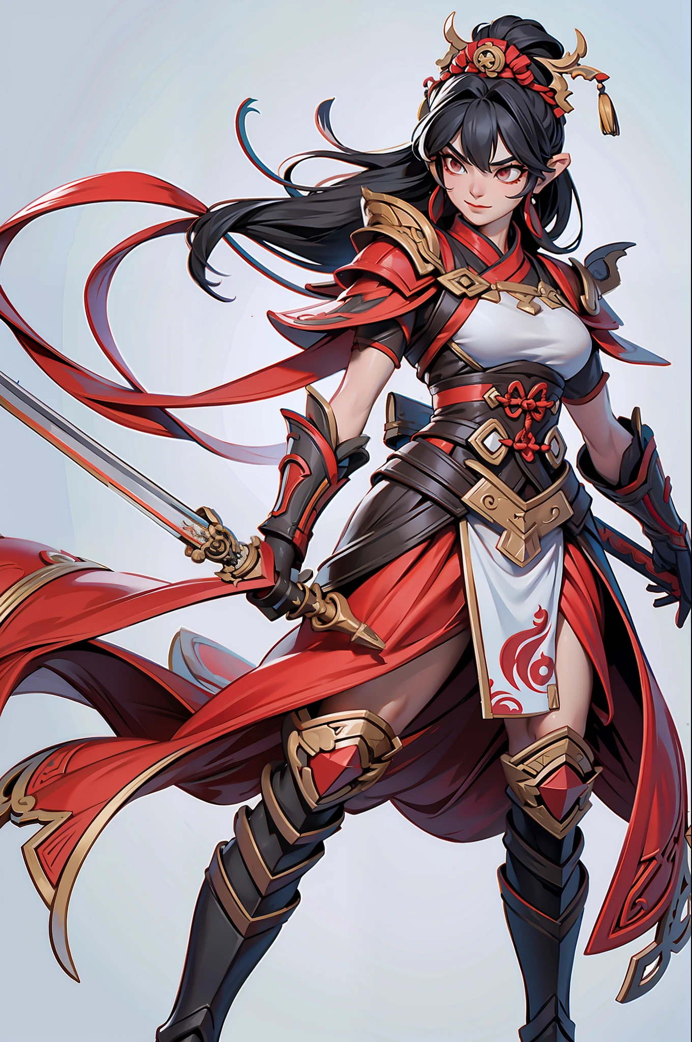 An ancient Chinese female general with a sword in her hand, grim expression, full body, clear facial features, amazing facial features, red robe, armor, boots, white background, game model, stunning lighting, C4D, OC rendering, movie edge light, delicate light, masterpiece, super detail, epic composition, super high-definition, high quality, highest quality, 32k