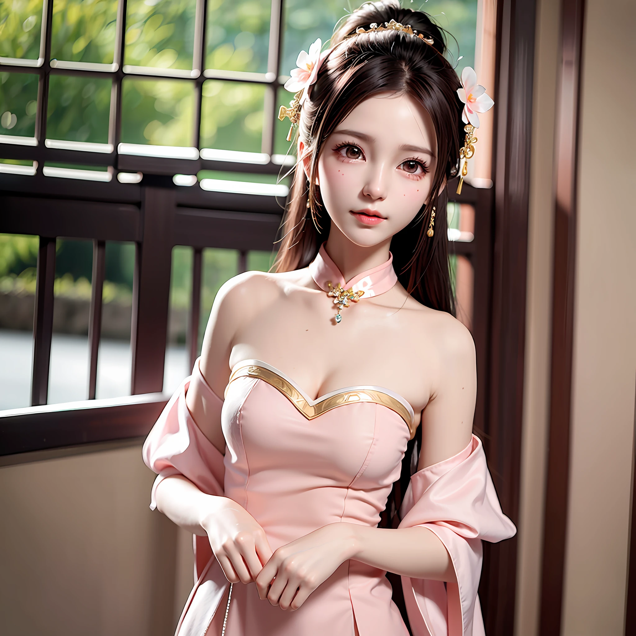 Gentle and charming Chinese beautiful woman, half-length photo, delicate and sexy collarbone, charming oval face, double eyelids, vivid peach blossom eyes, pink lips, small nose, bare shoulders, focused face, face close-up, ultra-high-definition, Super details, elegant standing posture, Korean style puff sleeve square collar slim short shirt, matched with high waist light-colored jeans suit