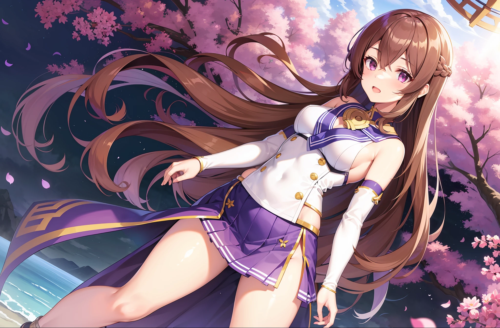 1 girl, solo, Kisaragi from Kancolle, masterpiece, best quality, full body, shiny hair, Greek clothes, peplos, detached sleeves, thighlet, perky tits, small breasts, purple eyes, shiny brown hair, purple flower in hair, tall, long hair, straight hair, hair between eyes, standing,