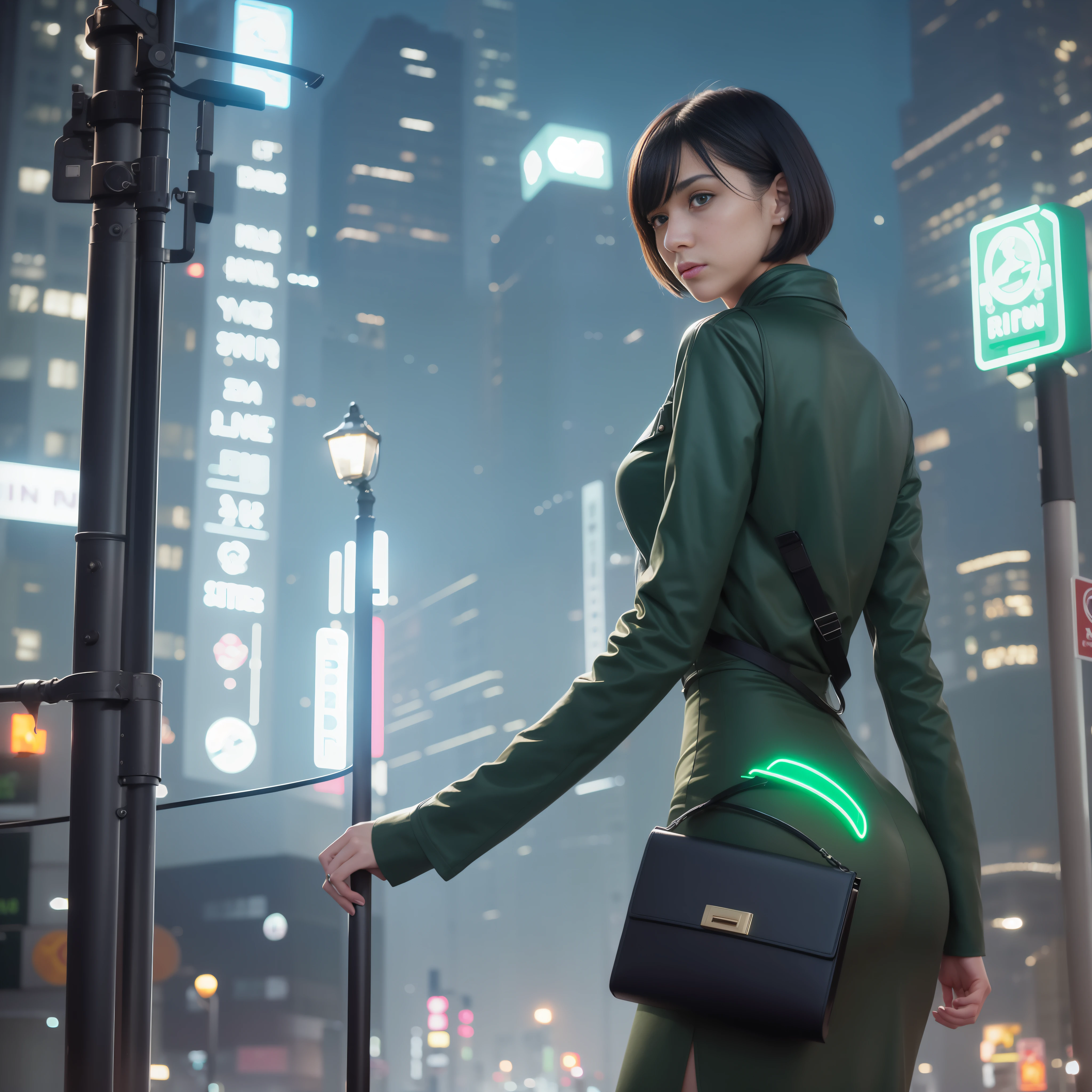 1girl, solo, super fine illustration, an extremely delicate and beautiful, best quality, young, black hair, sleek bob, piercing green eyes, mysterious smile, spy attire, futuristic cityscape, neon lights, crowded streets, leaning against a lamppost, holding a briefcase, hidden earpiece, stealthy pose, city skyline, urban espionage, captivating ambiance.