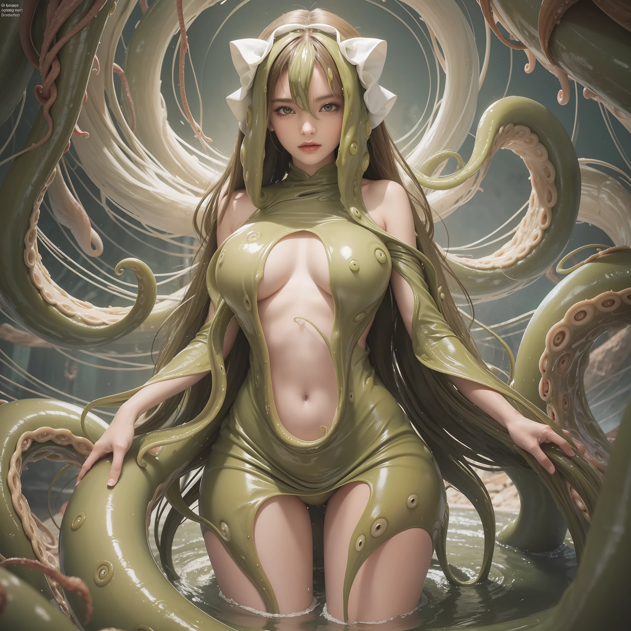 Best image quality, SLR, masterpiece, 1 woman, alien, tentacles, slimy, big that are about to burst 1.5, best body, tentacles entangled all over the body,