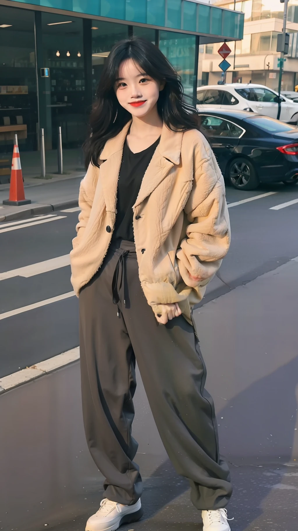 Single, black hair, best picture quality, full body shot, big miss, smile, long hair, wavy head, bustling street, fashionable clothing