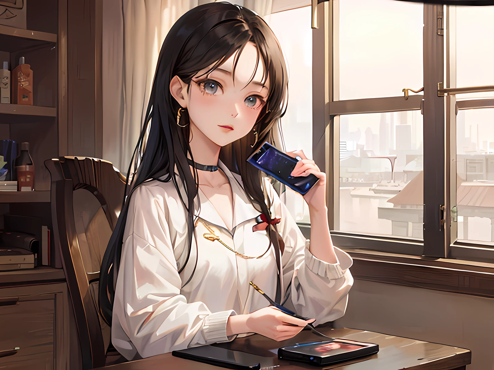 Anime girl sitting at table looking at mobile phone, attractive anime girl, anime girl, beautiful anime girl, she holds a smartphone, smooth anime CG art, cute anime girl, anime visual of cute girl, popular on cgstation, guvez style artwork, seductive anime girl, beautiful anime high school girl