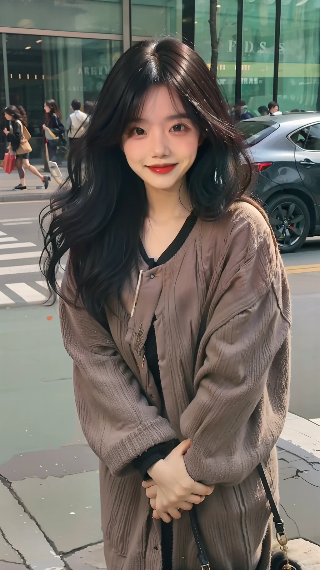 Single, black hair, best picture quality, full body shot, big miss, smile, long hair, wavy head, bustling street, fashionable clothing