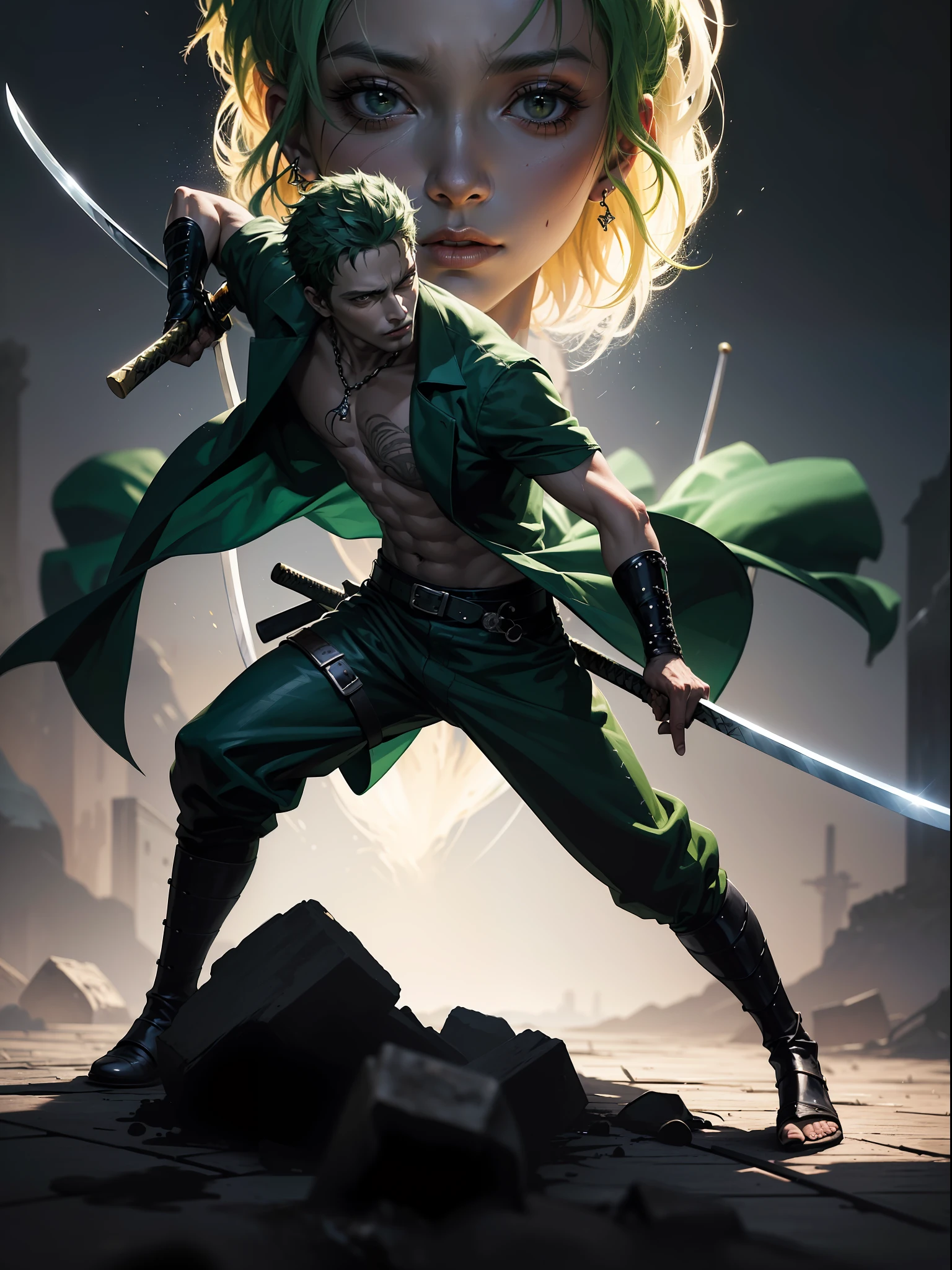 (Highly detailed 4K art, Painting of a man with a sword and a sword in his hand:1.2,Roronoa Zoro, Realistic art:1.1), painting process in action, dynamic, movement, seconds before the sword falls, close-up view, black background, shadows and intense lights.