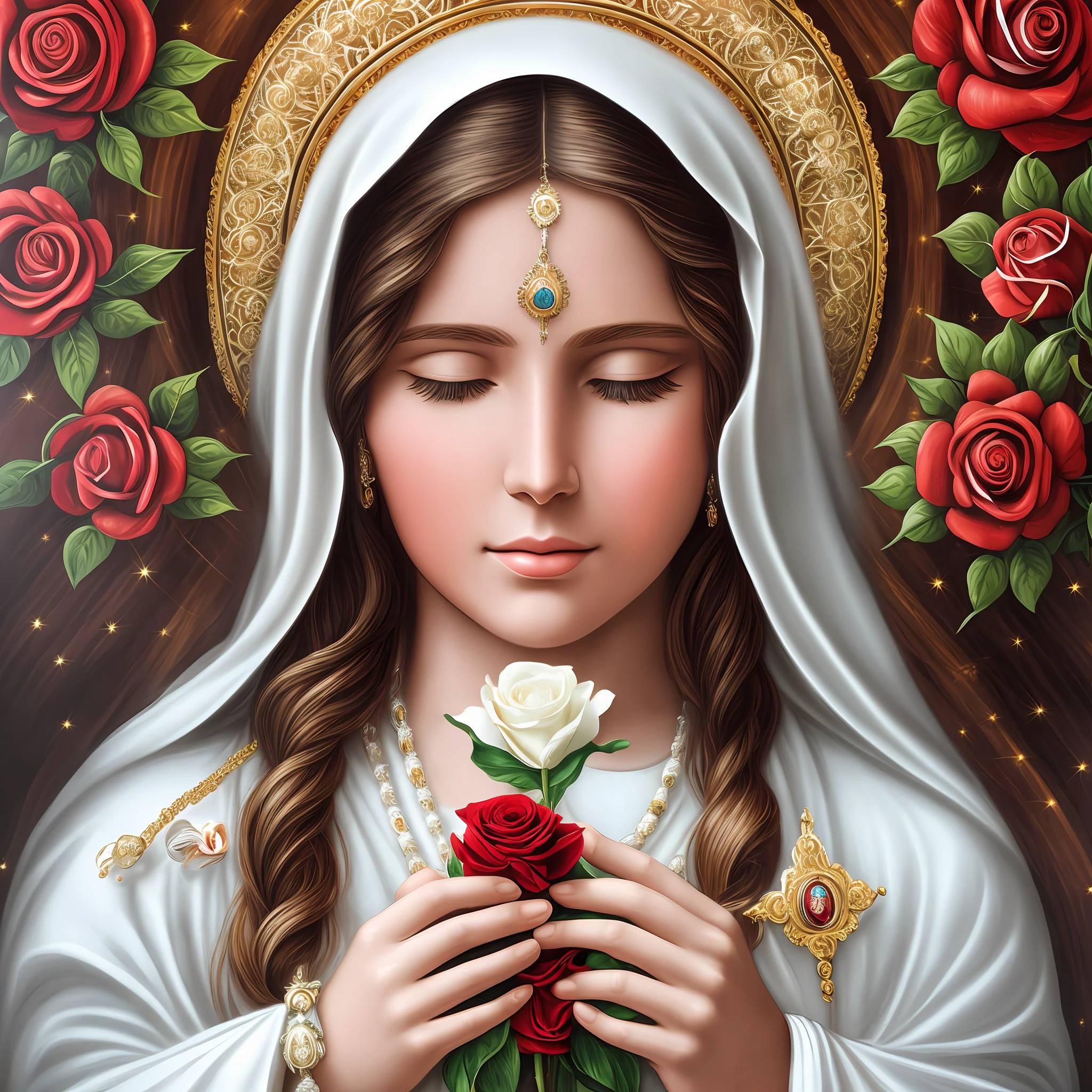 mulher 24 anos, cabelos lisos castanhos cobertos por véu branco, Holy image of the Catholic Virgin Mary holding a white rosary and a red rose, in holiness and glory, enchanted aura,