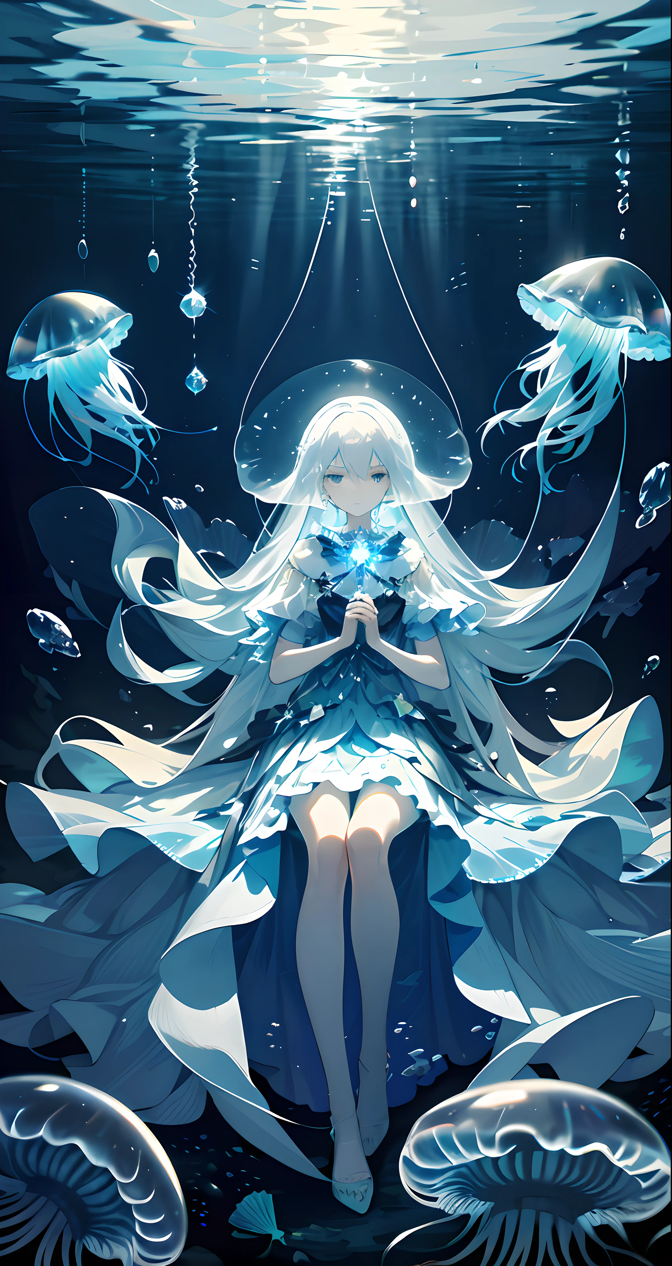 Masterpiece, of the best quality, fair complexion, mist under the sea, jellyfish like living individuals, crystal clear and shimmering with intoxicating light, a silence, in the gradual dispersal of the light, you see those streamers flickering.