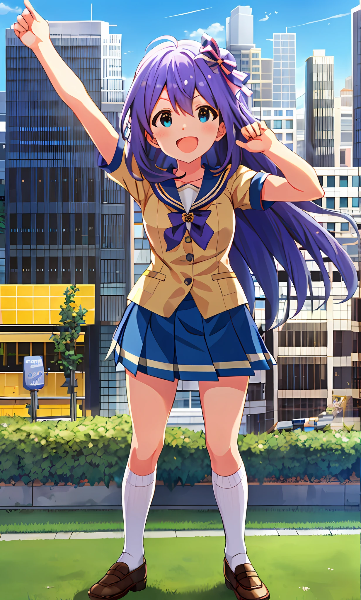 Anna Mochizuki (Million Live), Shiny Trinity \ (Costume), (Best Quality, 8K, Masterpiece, Super Detail: 1.2), Sea, Sun, Mottled Sunlight, Blue Sky, Beautiful Clouds, 1 Girl, Solo, Skirt, Smile, Open Mouth, V, Watch Viewer, White Sailor Color, Blue Shirt, Sailor Color, Blue Skirt, Pleated Skirt, Short Sleeve, :d, Shirt, School Uniform, Blush, Serafuk, Clavicle, bow, ribbon, blue bow. (((fighting stance))).,((((Giantization))).dynamic focus.small breasts. (((skyscrapers))). (((Cityscape))). Ultraman, makeover pose.make a fist.arms up.chest.front.watch viewer.