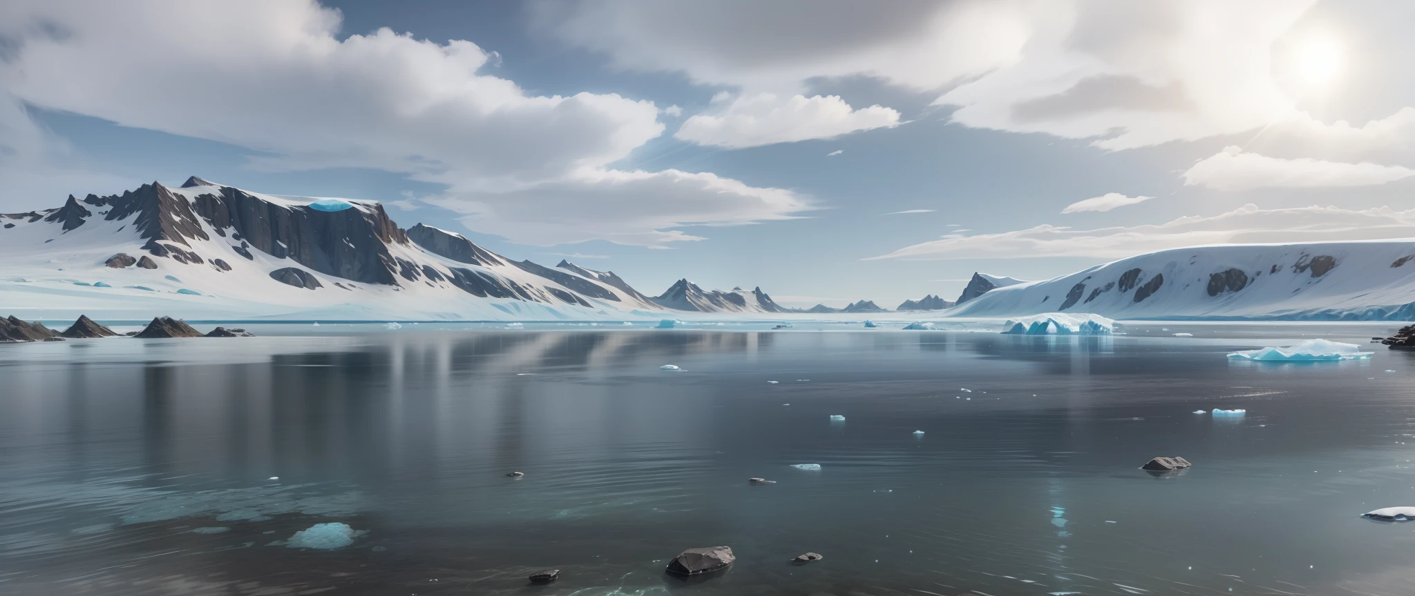 Clear water, deep sea, blue gradient water, Ghibli style, realistic elements, reflections, sun rays, desolate Antarctic landscape, soft light, deep field focus bokeh, iceberg distance, Antarctic mountains --s --auto --s2