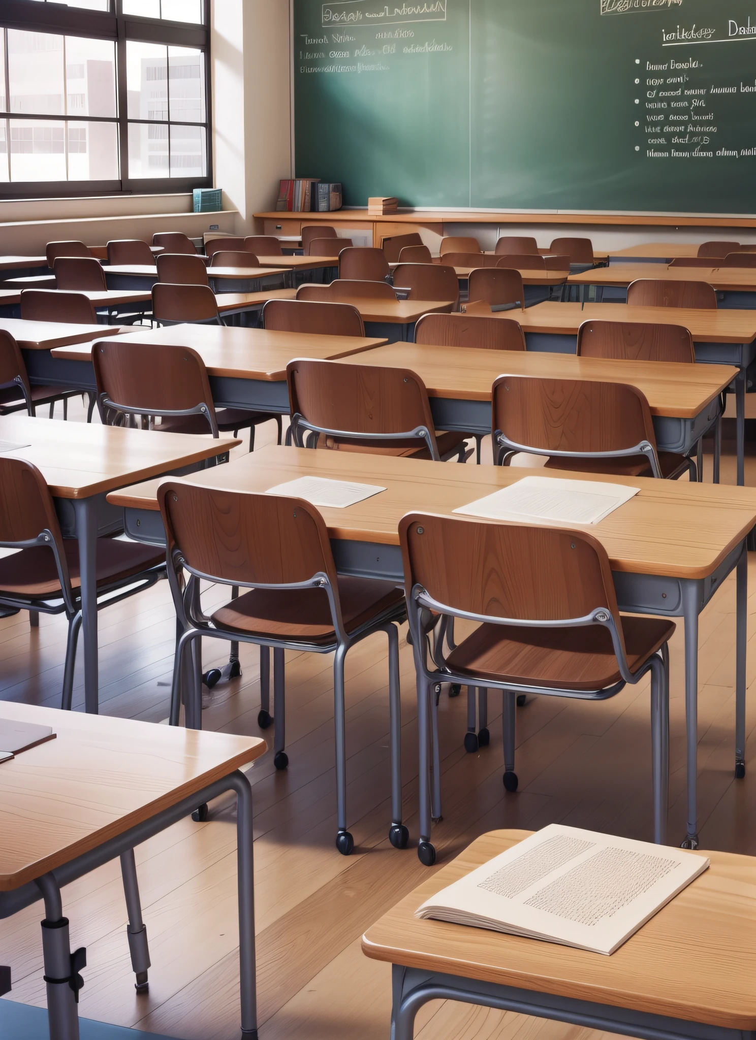 Desks, blackboards, classrooms, lots of books, no people, unfolded books