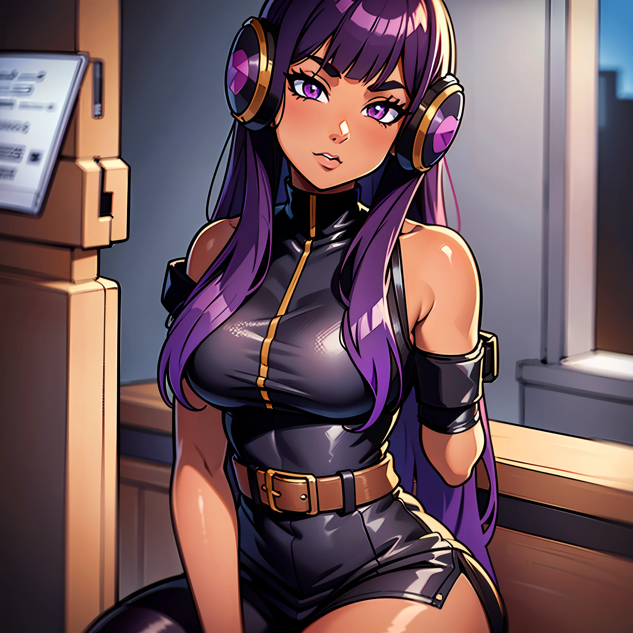 dark purple hair, brown skin, tanned skin, gorgeous, military straps,black military straps, long hair, bangs, makeup, CatEarHeadphones, film grain, image fill, halftone, depth of field, UHD, masterpiece, textured skin, 16k, best quality, simple background,strap outfit, sitting in front of a desk, kiss