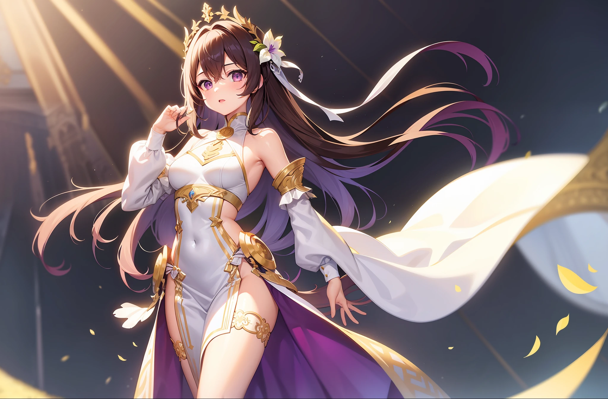 1 girl, solo, masterpiece, best quality, goddess, thin flowing white and gold dress, classical clothes, classical dress, peplos, detached sleeves, thighlet, circlet, pelvic curtain, full body, shiny hair, perky tits, small breasts, purple eyes, shiny brown hair, purple flower in hair, tall, long hair, straight hair, hair between eyes, standing,