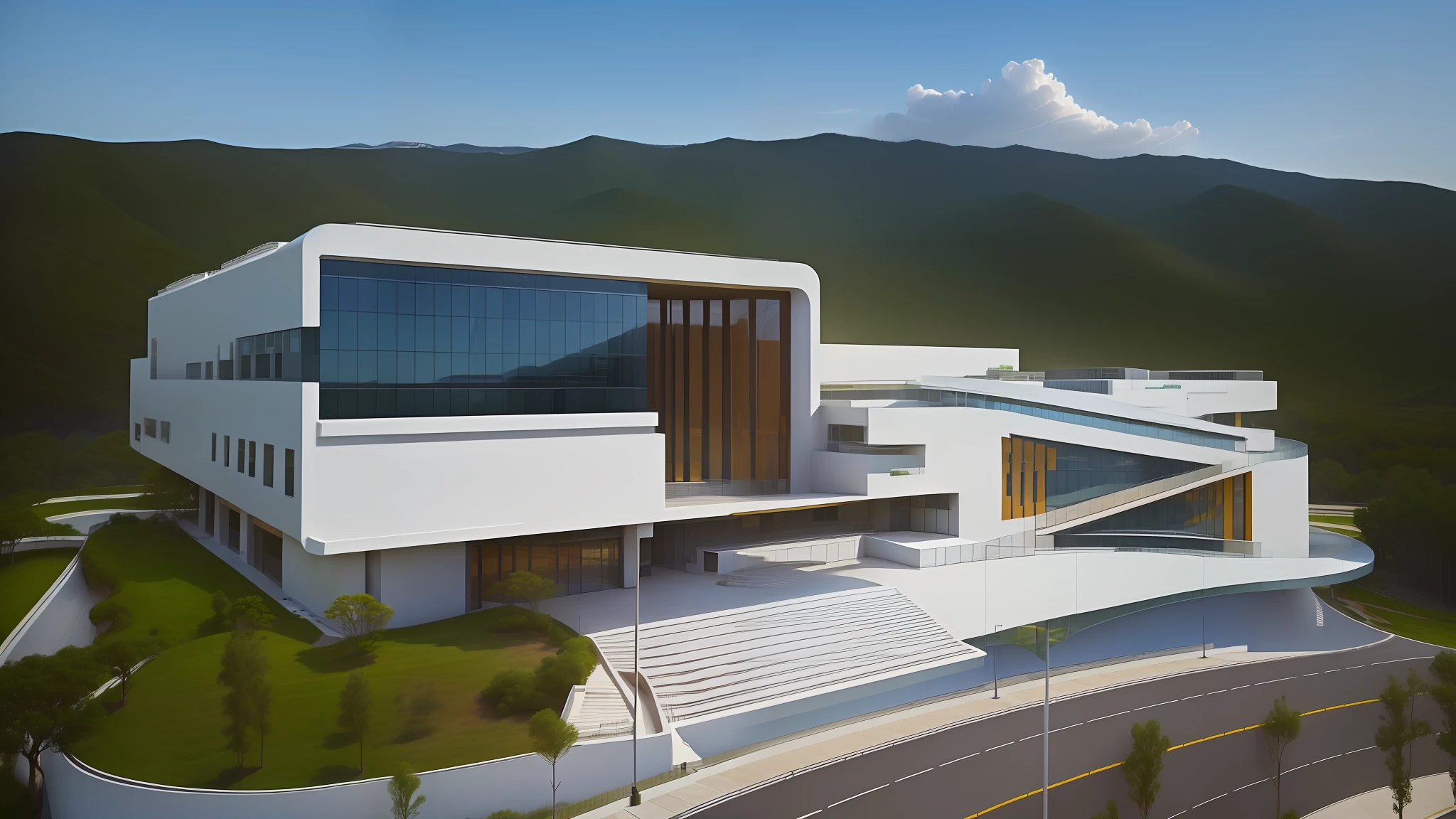 Modern science and technology building, grand appearance, spacious and transparent, beautiful staircase curve, golden mountain lined with blue sky and white clouds, medical research complex, full view presentation, vegetation full of life, architecture and nature integrated, shooting in 2022, offices and research centers are available, showing unlimited potential.