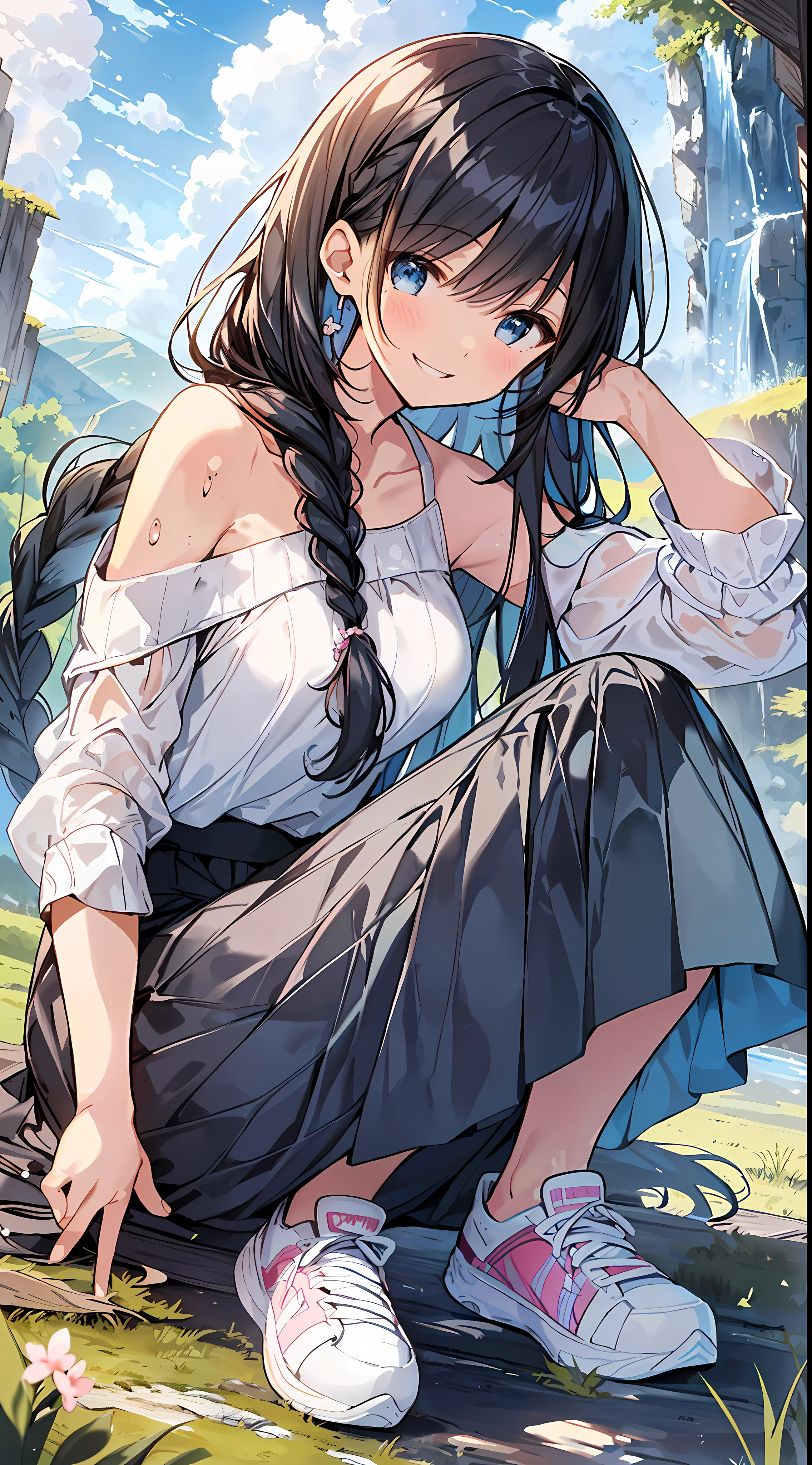Top Quality, Masterpiece, Ultra High Definition, 8k, Summer Sky, Early Summer, (Light Blue Maxi Skirt, Light Knit, Sneakers), Shojo Manga Style Loli, One, Soft Line Art, Digital Enhancement, Shoujo Manga Touch, Shojo Manga Core, Flowing Fabric, Close Up, (Shoulder Length and Short Braid)), Wet Hair, Staring at Us Head-on, Soft Drawing, Beautiful Black Hair, clear eyes, (((teasing smile)), ultra-detailed digital anime art, clear face depiction, ultra-detailed shoujo manga character art, ultra-detailed manga style, top quality colors, hand gestures, landscape with nature, looking up at the sky, angle to see up to the feet, crouching