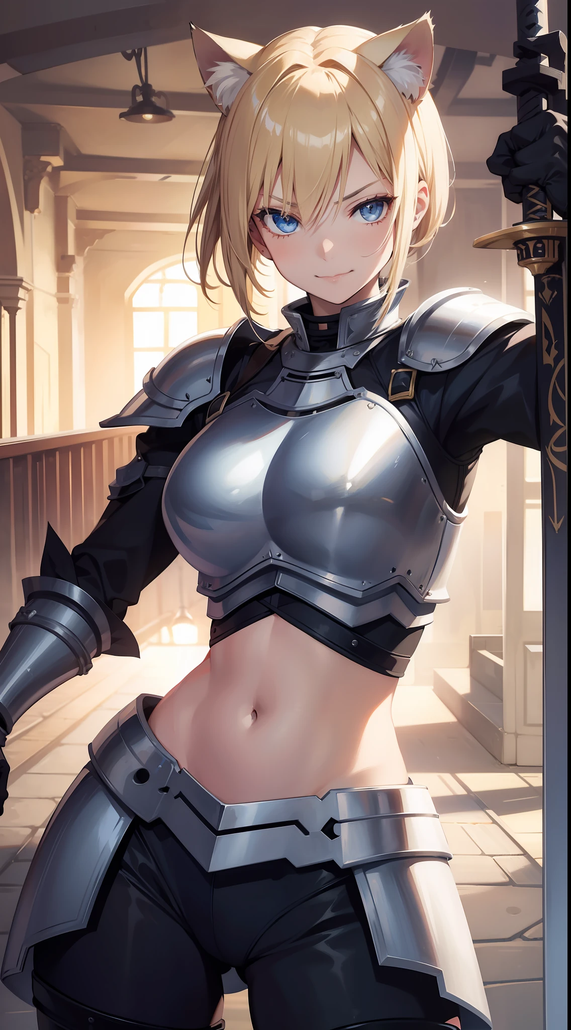 Adult woman, short blonde hair, high ponytail, cat ears, blue eyes, light knightly armor, open belly, smirk, rage, sword, masterpiece, high quality