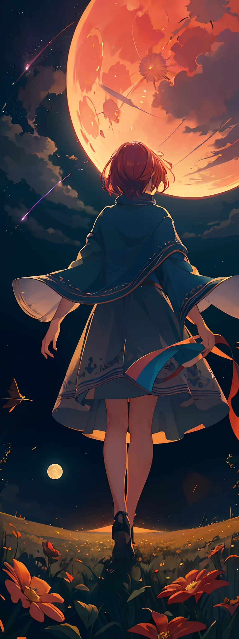 A wide landscape photo, (viewed from below, the sky is above, and the open field is below), a girl standing on a flower field looking up, (full moon: 1.2), (meteor: 0.9), (nebula: 1.3), distant mountains , Trees BREAK Crafting Art, (Warm Light: 1.2), (Firefly: 1.2), Lights, Lots of Purple and Orange, Intricate Details, Volumetric Lighting BREAK (Masterpiece: 1.2), (Best Quality), 4k, Ultra Detailed, (Dynamic Composition: 1.4), Rich in Detail and Color, (Rainbow Color: 1.2), (Glow, Atmospheric Lighting), Dreamy, Magical, (Solo: 1.2)