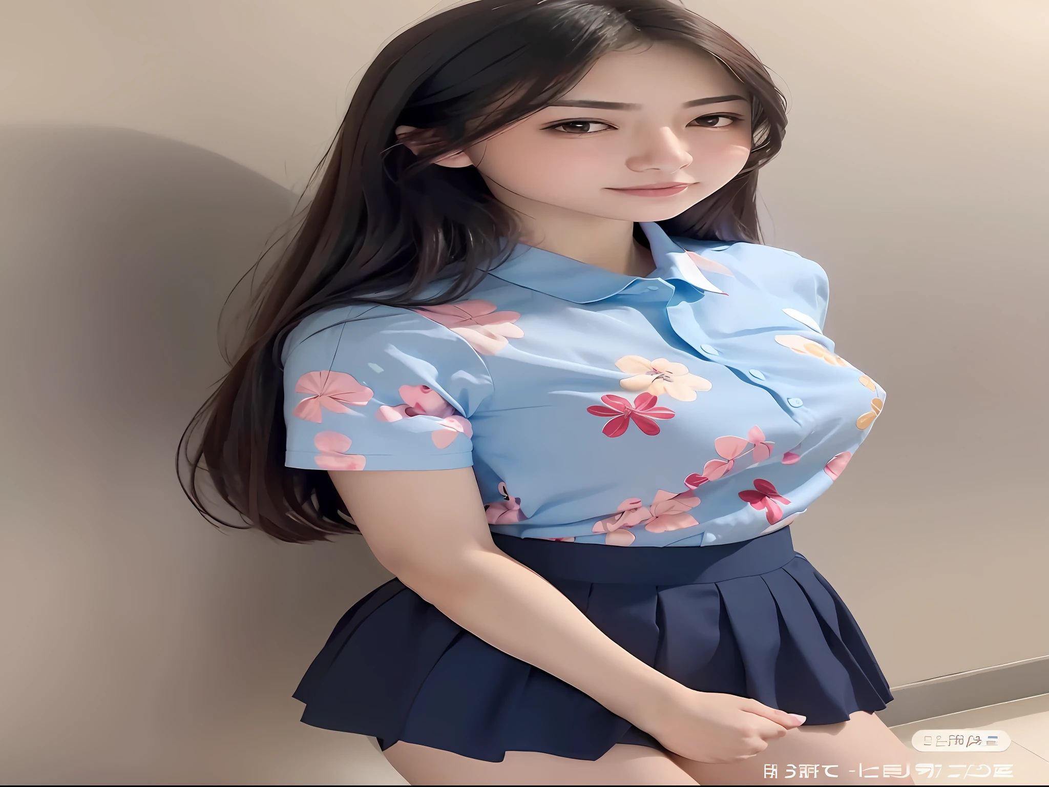 Close up of a woman in blue shirt and skirt, full body photo, short sleeves, blue shirt, wearing shirt, shirt, mid-metaverse, wearing light blue shirt, summer shirt, wearing shirt, flowing cherry blossom silk, collared shirt, kawaii shirt and jeans, summer, Japanese clothing,