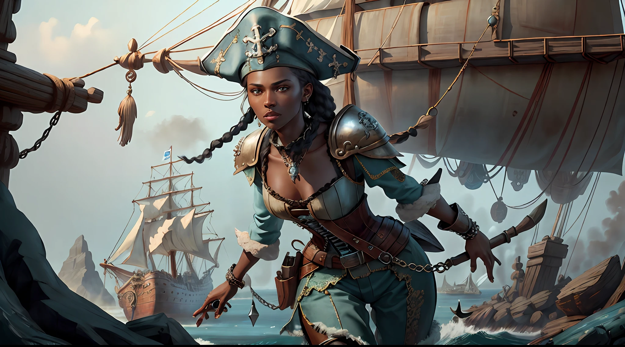 Multiplayer scenes, (highly detailed RAW color photos, ridiculous resolution, high resolution, super detailed), (r 9 6 angles)), dark skin, handsome, fearless and brave expression, mature, thin shoulders, very thin body, black captive dark pirate hat, white dirty braids, vibrant green eyes, (detailed eyes and detailed face), extremely detailed 8k photos, (full body: 0.9), beautiful woman, overboard, outboard background, detailed face, (Medieval Fantasy Theme: 1.3), Light Blue Pirate Themed Armor with Highly Intricate Details, Blue Pants, Ship in the Background, Inside the Ship, Deck of the Ship, Inspired by Dungeons & Dragons, Digital Art, Surreal, Photography, Soft Lighting, Soft Detail, Octane, ArtStation Trend, Ultra High Detail, Surreal, Movie, 16k,