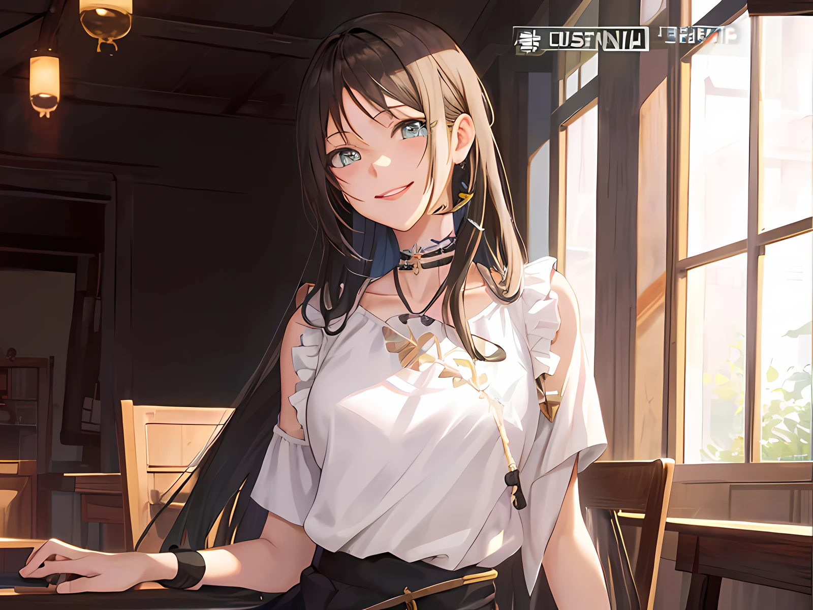 Anime girl sitting at table laughing, popular on CGSTATION, from girl frontline, smooth anime CG art, anime visual of cute girl, popular in CGSTATION, she is smiling, long hair anime girl, attractive anime girl, anime moe art style, girl front style, guvez, guvez style artwork