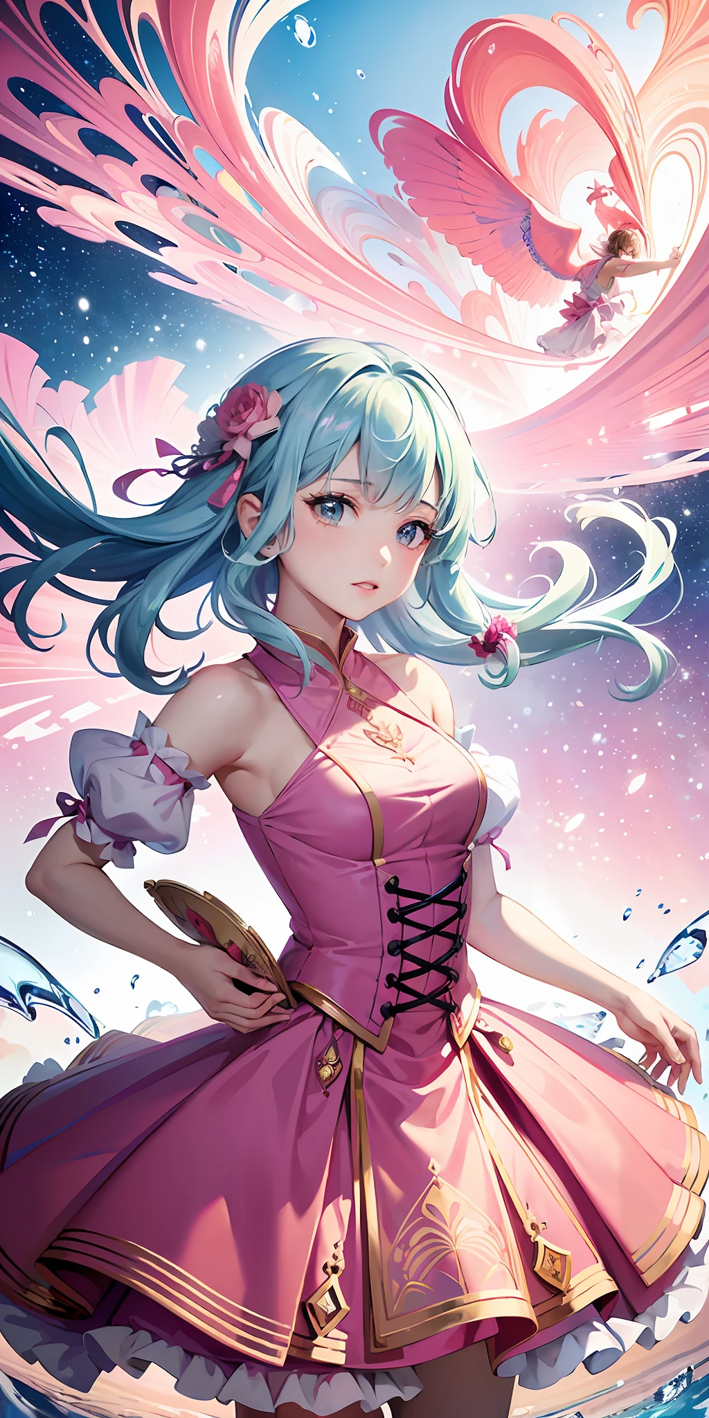 (masterpiece, top quality, best quality, official art, beautiful and aesthetic:1.2),pink dress (1girl:1.3), (fractal art:1.3), cowboy shot,

kamisato ayaka, floating water, glowing,