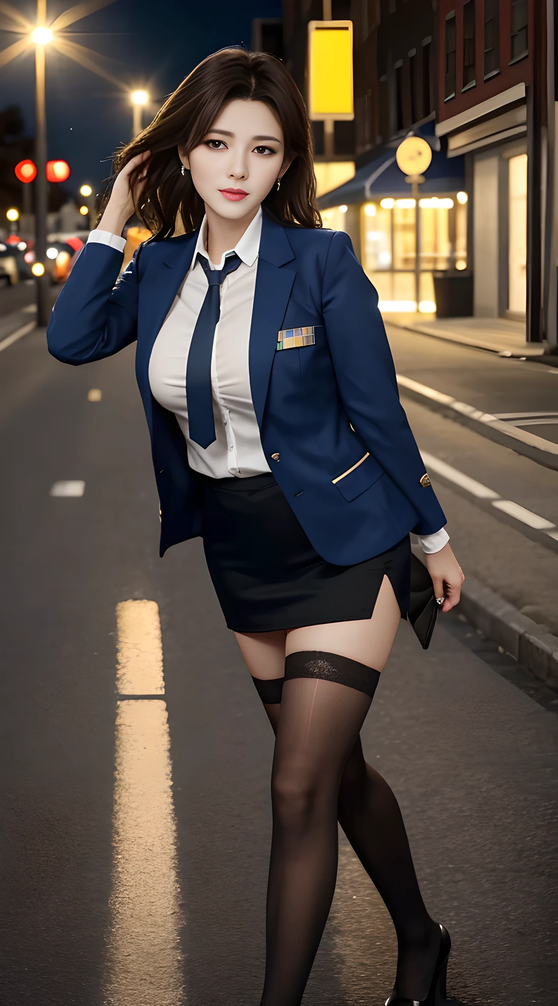 1girl, full body, (police woman:1), night street, face lighting, bright backlight, big breasts, long legs, super high resolution, best quality, photo, 8k, beautiful sexy secretary full body photo in miniskirt and seam stockings,
