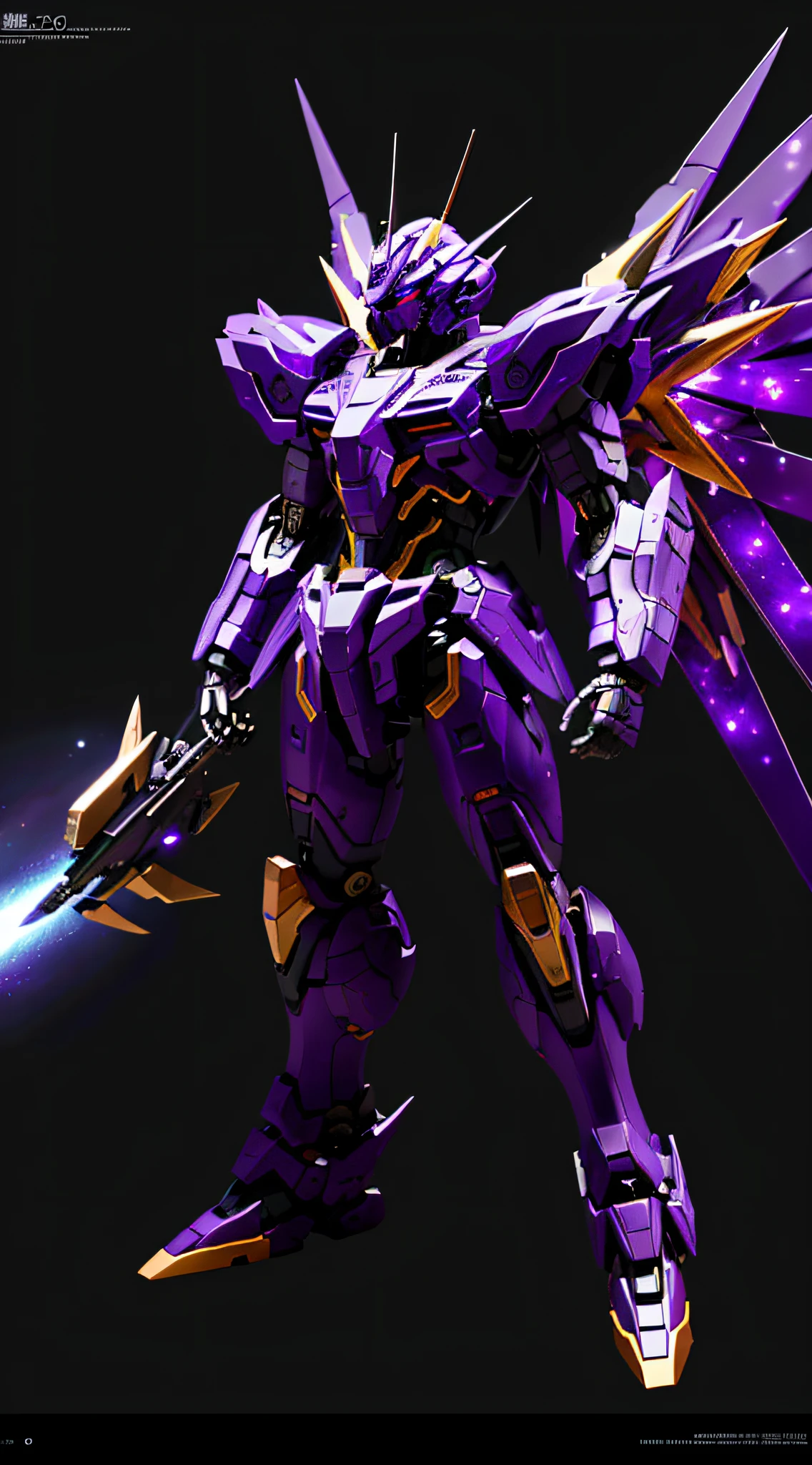 Gundam, best quality, highly detailed, super detailed, masterpiece, 8k wallpaper, black theme, purple eyes, black body, absurd, high resolution, super fine illustration, absurd, solo, game CG, lords, in space, (purple light: 1), (detailed beautiful face and eyes: 1.0), (full body: 1.5), command spell, mecha musume, mask, mechanical parts, robot joints, , fully armored, (full body: 1.5), glowing eyes, mecha, fly in space, thin, Dark purple mechanical archangel wing, purple spray flame, holding a sci-fi sniper rifle