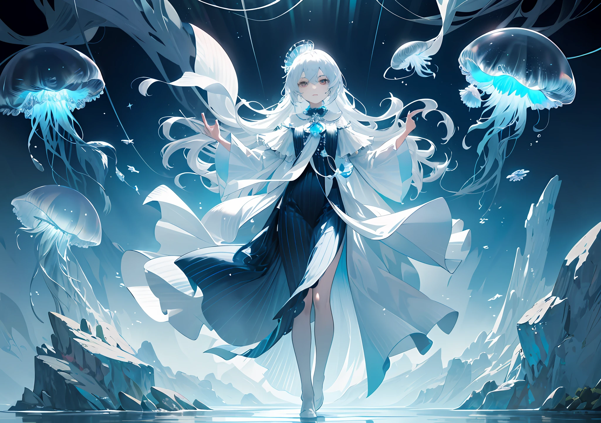 Masterpiece, of the best quality, fair complexion, mist under the sea, jellyfish like living individuals, crystal clear and shimmering with intoxicating light, a silence, in the gradual dispersal of the light, you see those streamers flickering