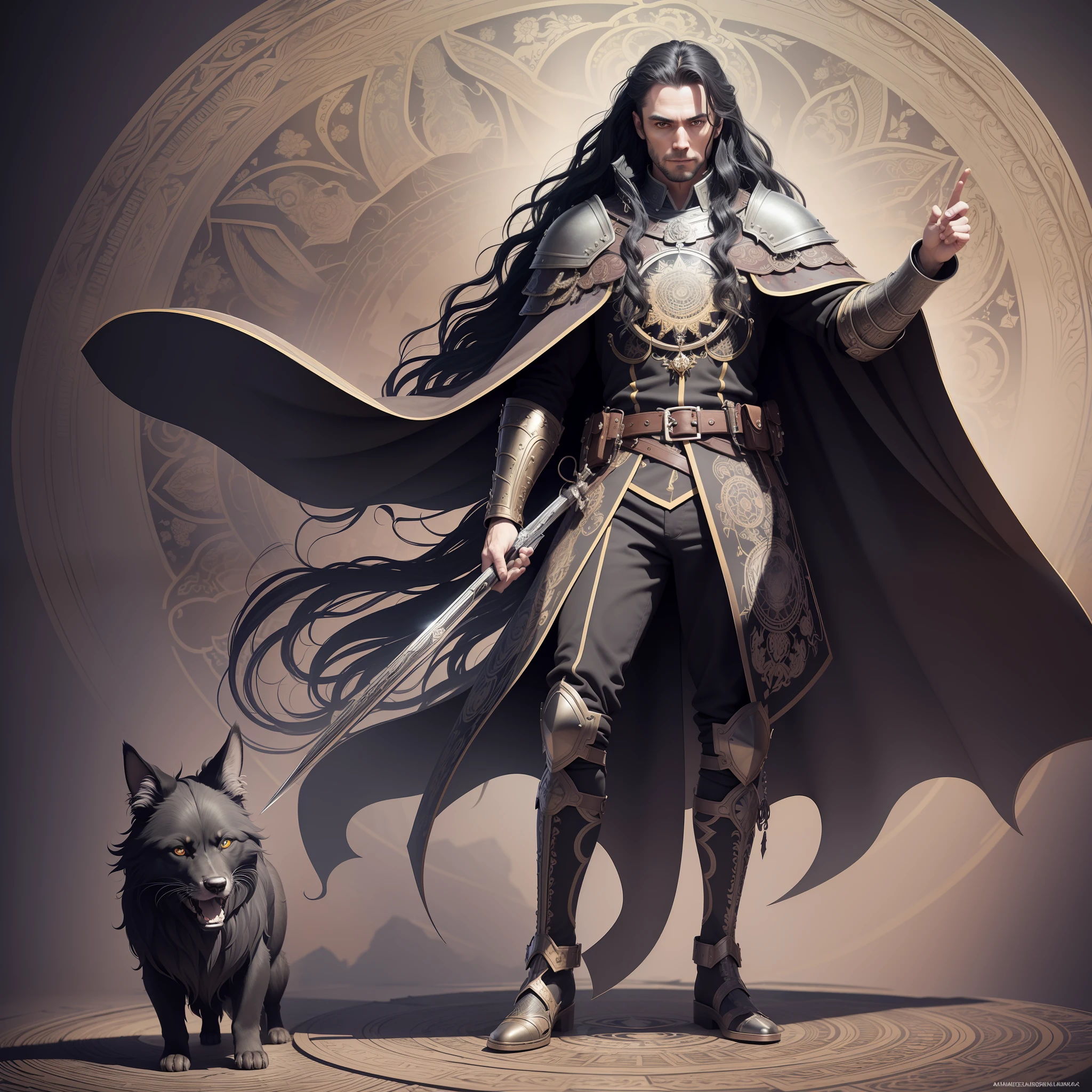 Digital Work:1.3) by (marijameglaj:1.1), Vampire gothic man, long black hair in the wind, detailed eyes, smile showing canine teeth, full body, gothic armor, cape, daggers, castle, nikon d850, film, stock photography, 4 cameras kodak portra 400, lens f1.6, rich colors, hyper-realistic, realistic texture, dramatic lighting, unreal mechanism, trend in artstation, cinestill 800, (mandala background, distorted background, zentangle background, inception background), burnt image edges