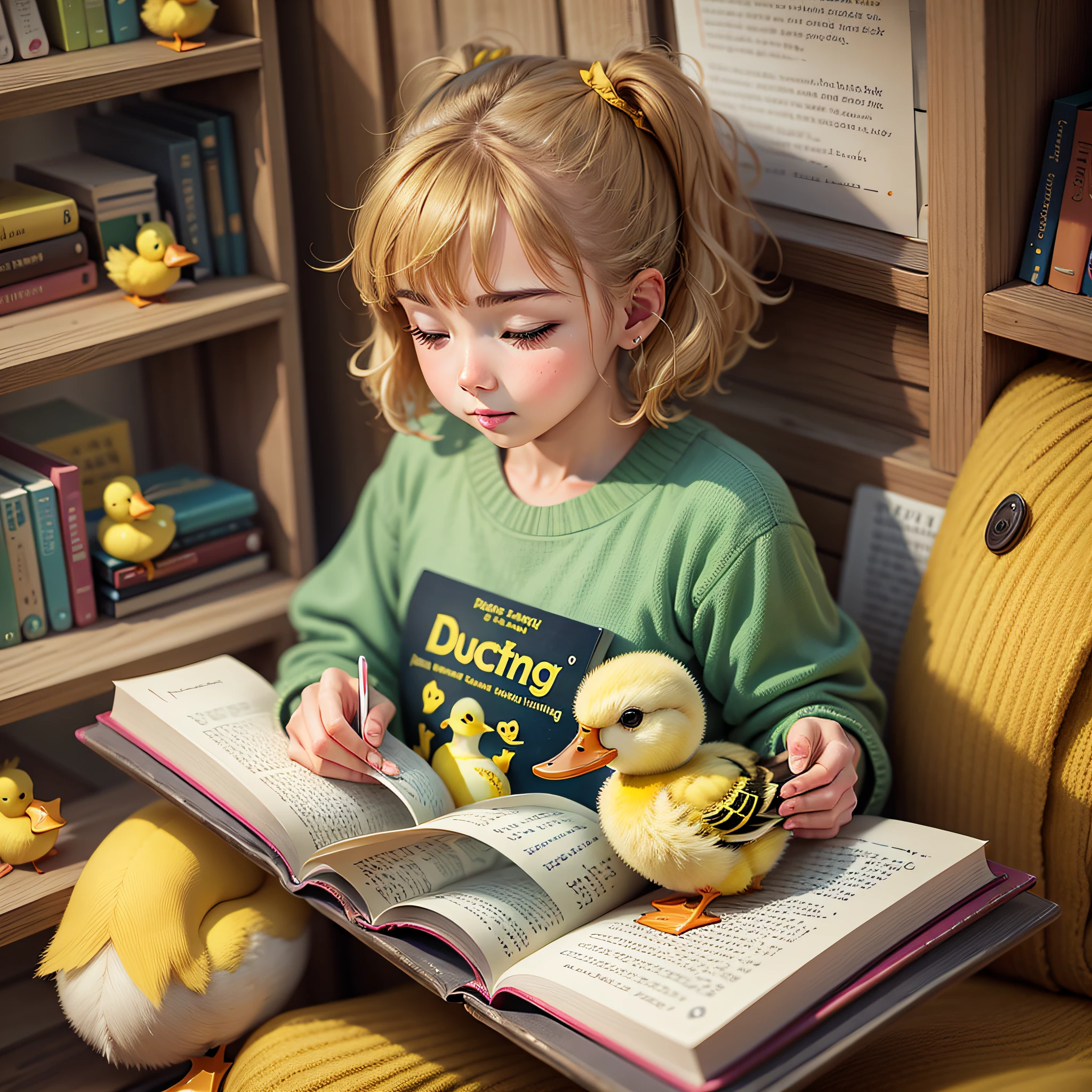 A cute yellow duckling reading a book --auto --s2