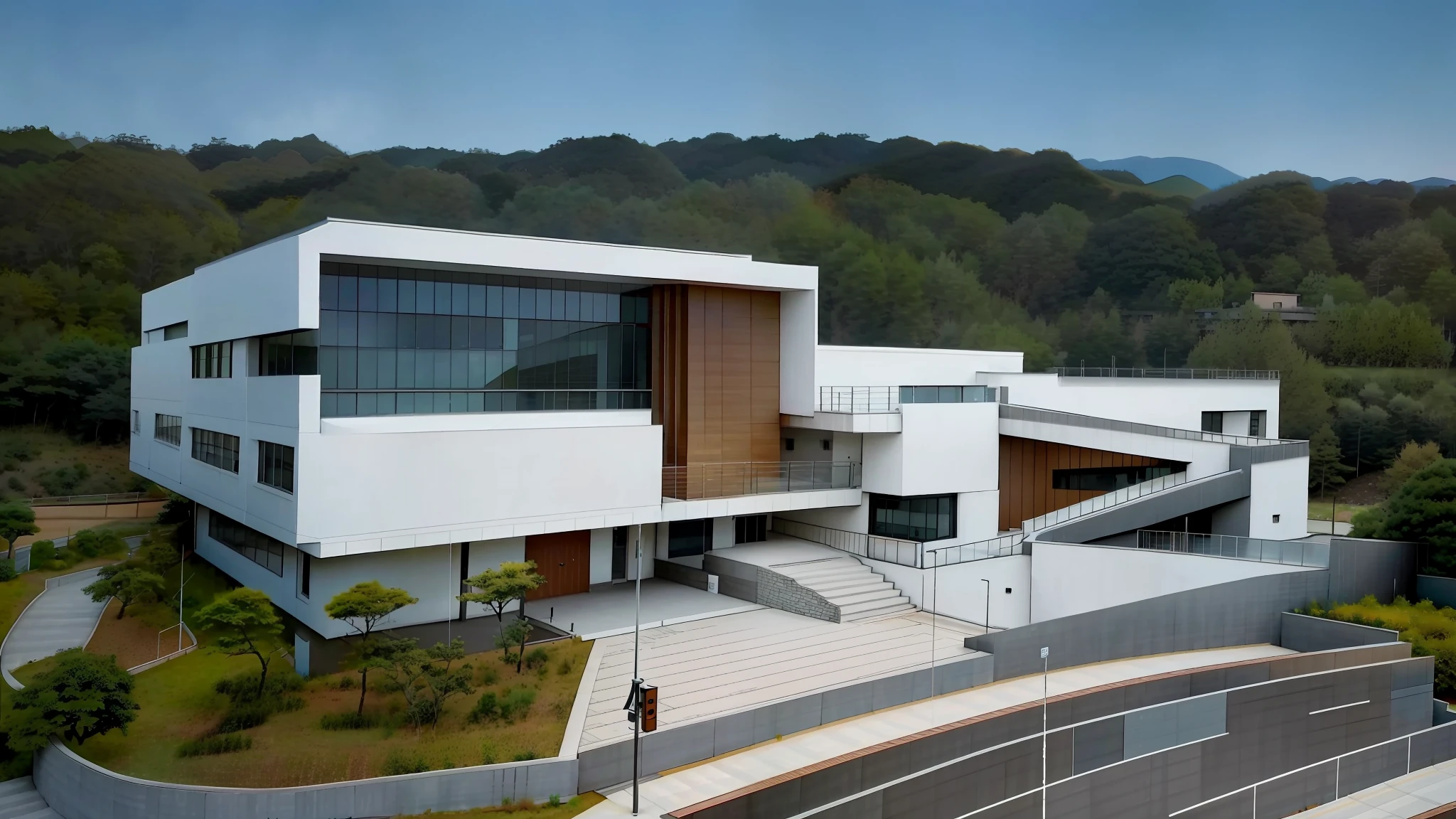 Arafter view of modern building with stairs and stairs, modern technology building, Jimin, full view, school, research center, Kim Hyun-joo, medical research facility, Kanayama, exterior, office, Eeri, Jiyun Tsai, wide-angle exterior 2022, research complex, Shin Jeong-ho,